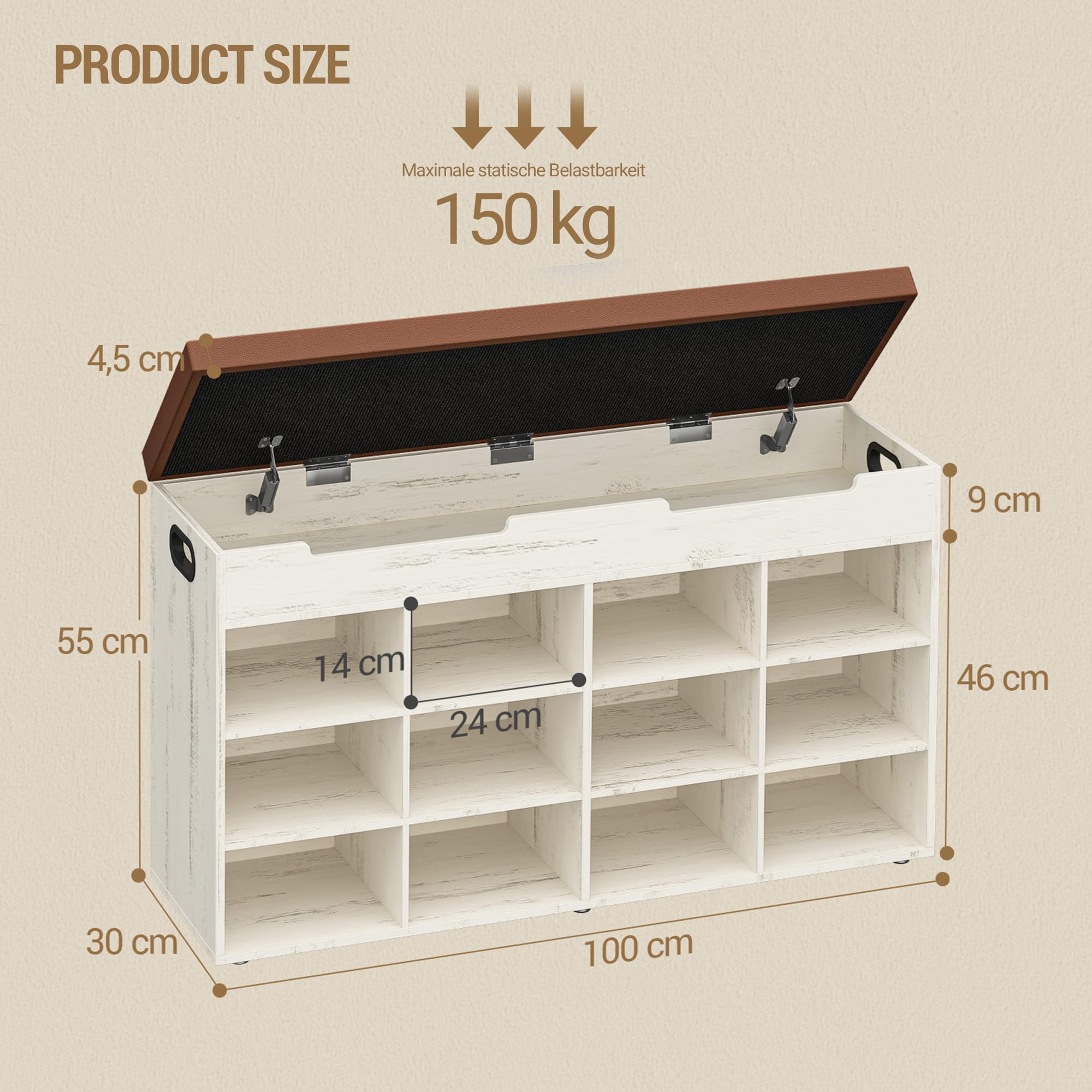 Hzuaneri Banco Zapatero, Zapatero con Asiento, Banco con Espacio de Almacenamiento, 12 Compartimentos, Estantes Extraíbles, Edecuado para Salón, Pasillo, Entrada 30 x 100 x 55,4 cm Marrón y Blanco