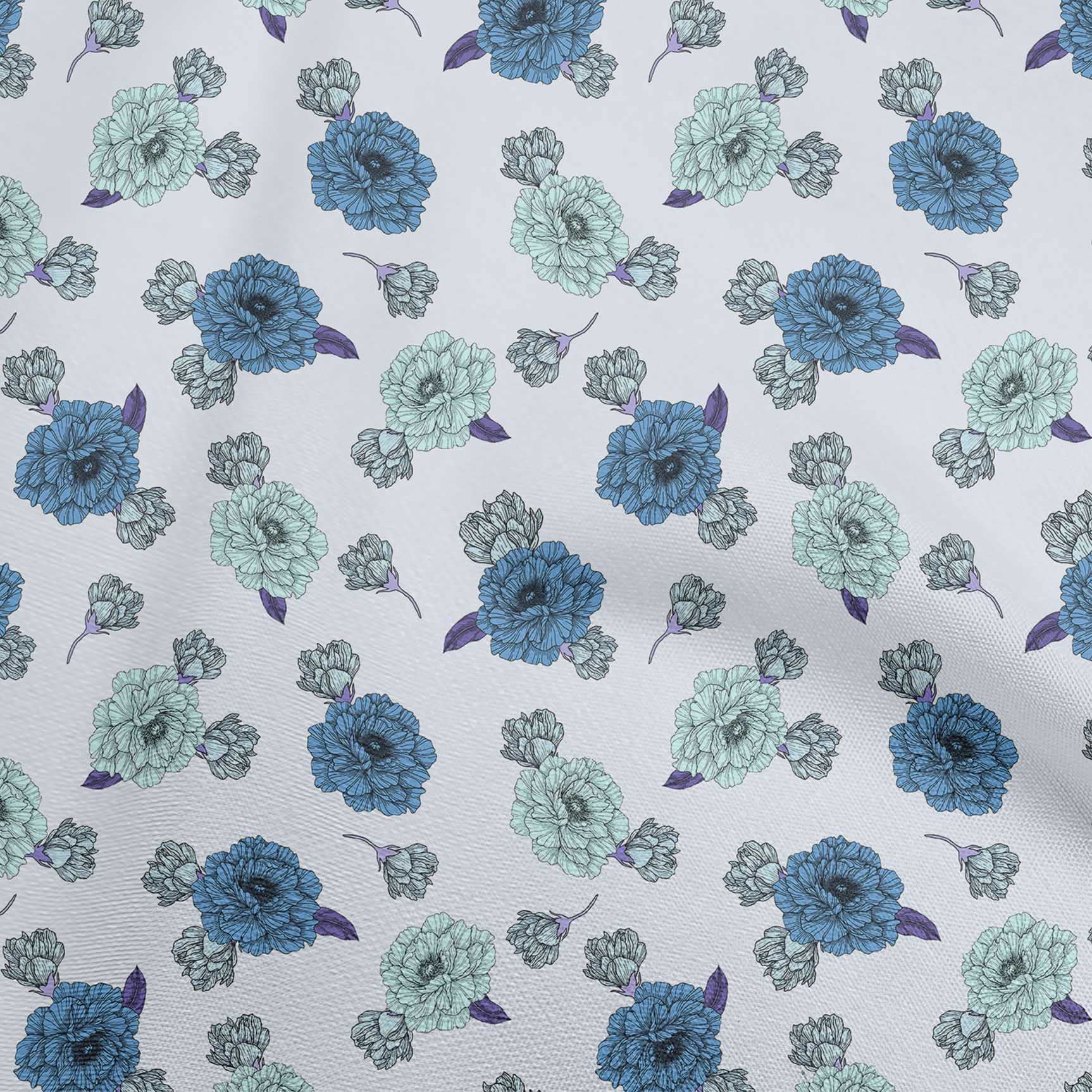 Tessuto OneOone Seta Di Cotone Azzurro - 70% Cotone 30% Seta, Larghezza 106 Cm, Venduto Al Metro, Stampa Floreale - 4