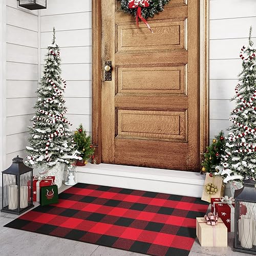 Vista 170 de Tapete Kimode de algodón, a cuadros, color negro y blanco, lavable, para porche, entrada, cocina