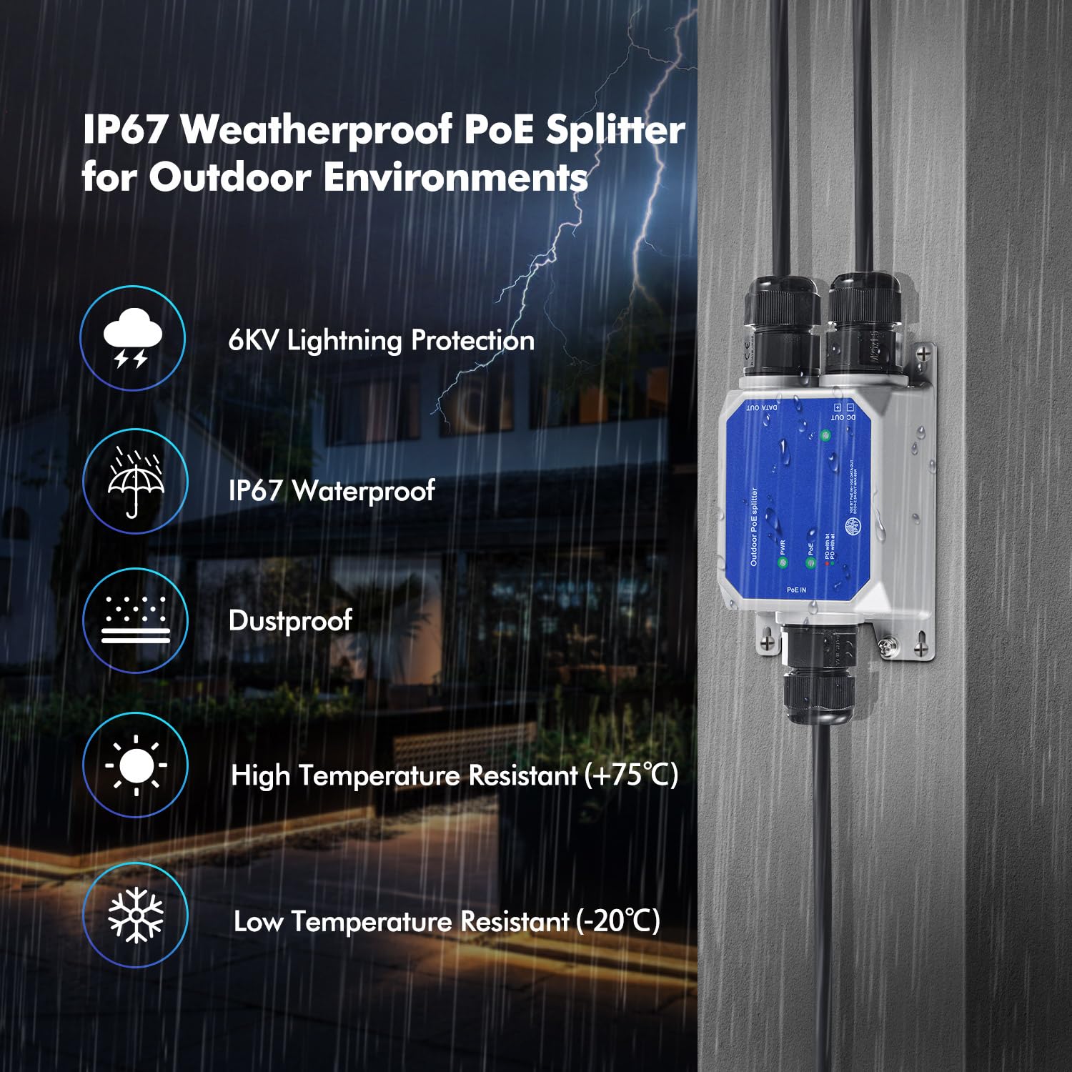 MokerLink IP67 Outdoor 2.5 Gigabit PoE Splitter, 10/100/1000/2500Mbps, IEEE 802.3 AF/at/BT PoE in, DC12V 5A Out, Max 65W, Wandmontage Metall Wasserdicht