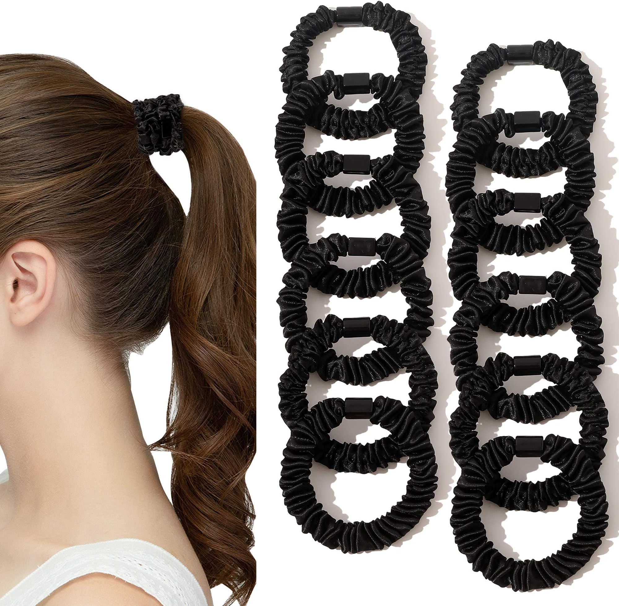 Ivyu Silk Scrunchies Black Satin Hair Ties for Women - Small Hair Ties Scrunchy for Women Thick Hair Cute Soft Slip Mini Hair Elastics Ponytail Holder for Curly Hair No Damage Hairties Gift for Girls