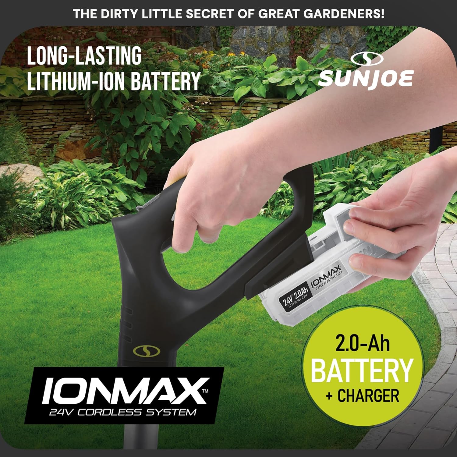 Sun Joe 24V-TLR-LTE 24-Volt Amp Cordless Garden Tiller + Cultivator, Kit (w/2.0-Ah Battery + Quick Charger)