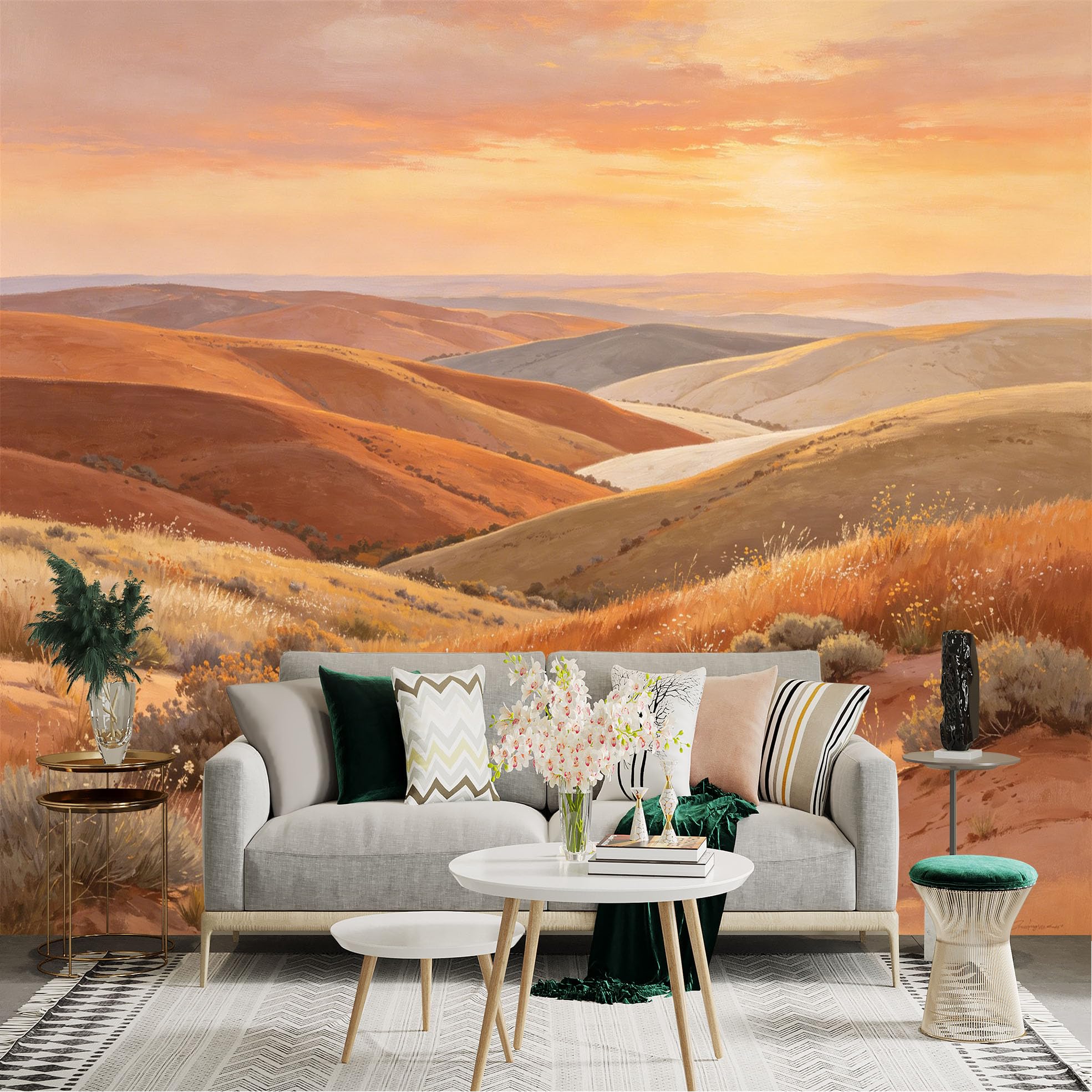 Lnzczhyre Dbh260521023 Custom Size Wall Sticker Mural， Sunset Over Rolling Hills， Warm Golden Desert Landscape， Serene Nature Scenery， For Wall Decoration， Peelandstick Wall Decals.