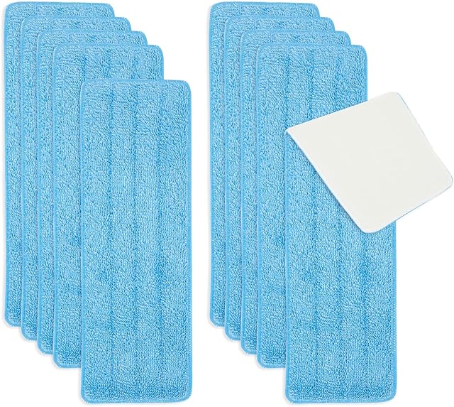 10-Pack Refills for Mops with Flat Heads, Washable Microfiber Mop Pads for Wet and Dry Floor Cleaning, Reusable Replacement Heads with Hook and Loop for Home, Business (16.5 in, Blue)