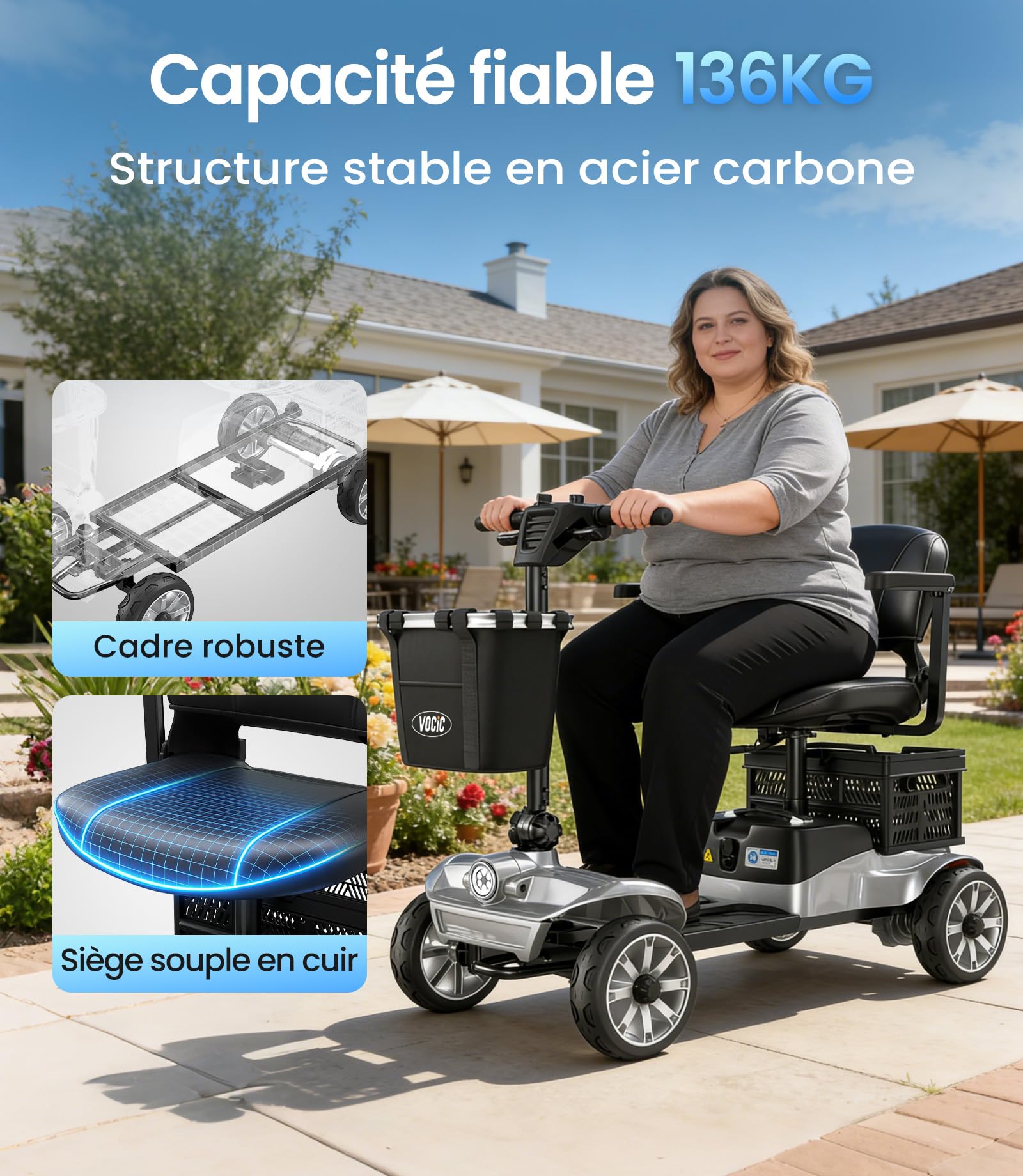 VOCIC D35 Scooter de mobilité Pliable 35 km, avec Double Panier 40L | capacité 136 kg, roues 20 cm, siège ergonomique réglable, batterie amovible, idéal pour seniors (Gris argenté)