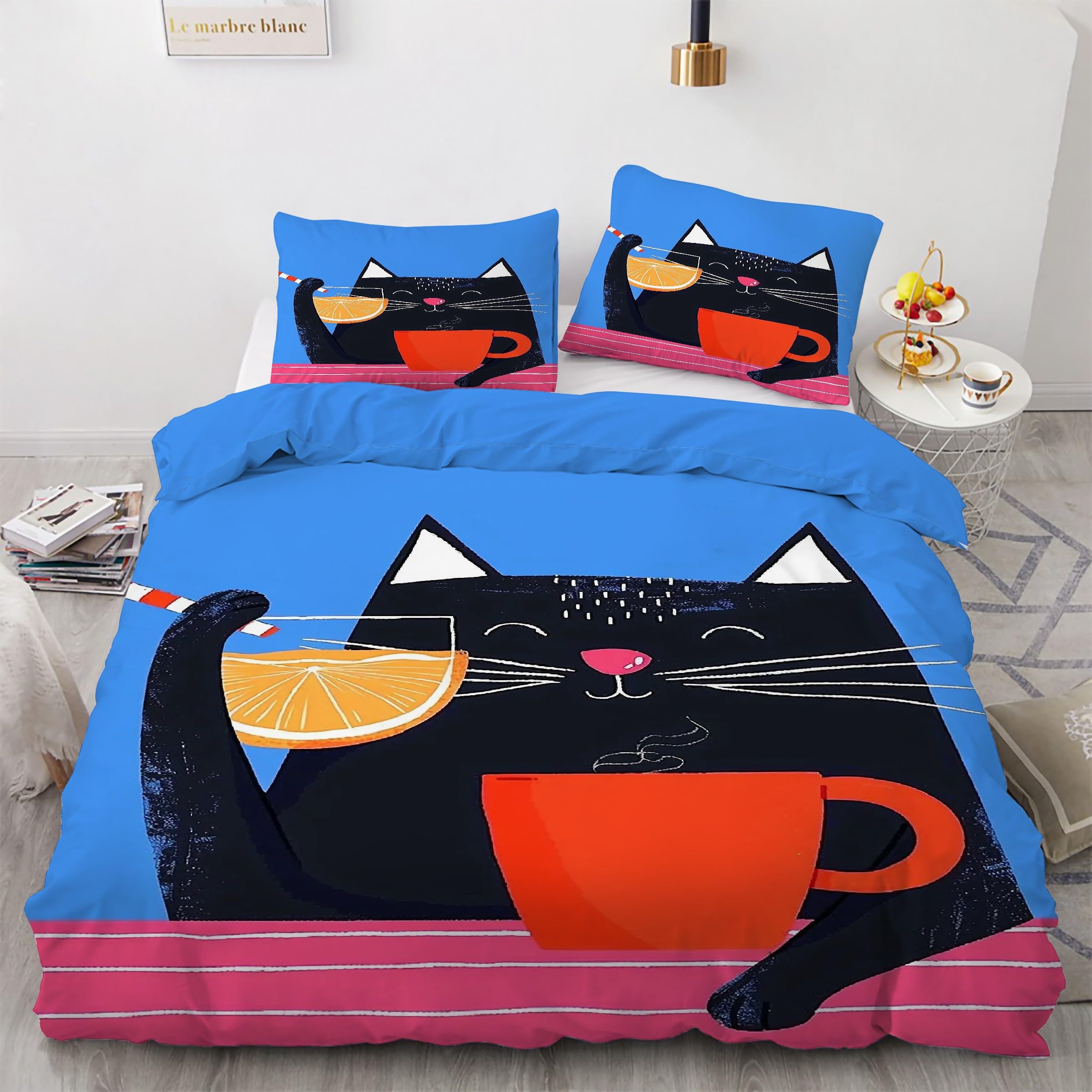 Housse de couette 240x260 chat comique avec parure de lit 3 pièces microfibre