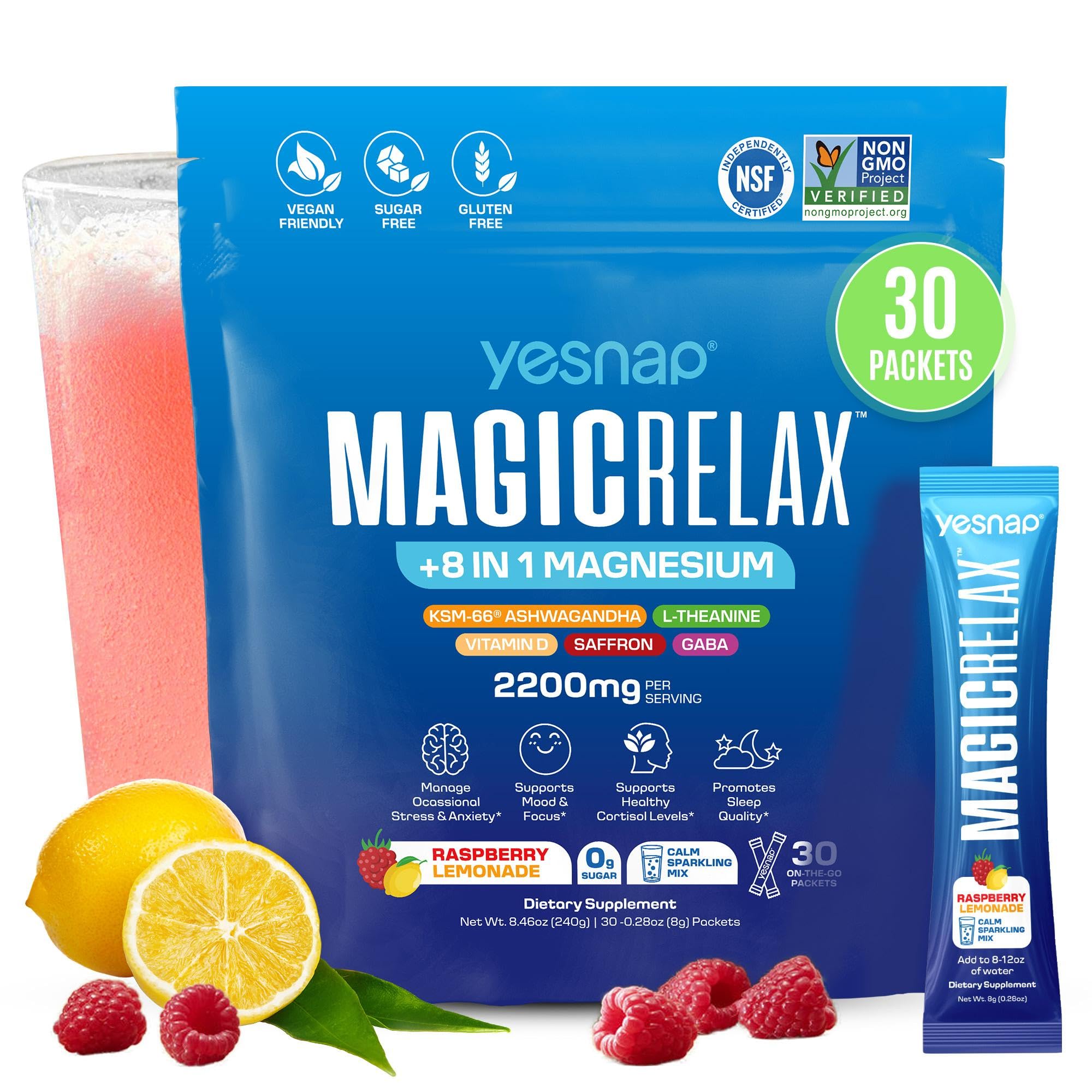 MAGICRELAX Supercalm 8-in-1 Chelated Magnesium Powder Drink Mix,KSM-66 Ashwagandha, Saffron, GABA, L-Theanine, Vitamin D3,Supports Stress Healthy