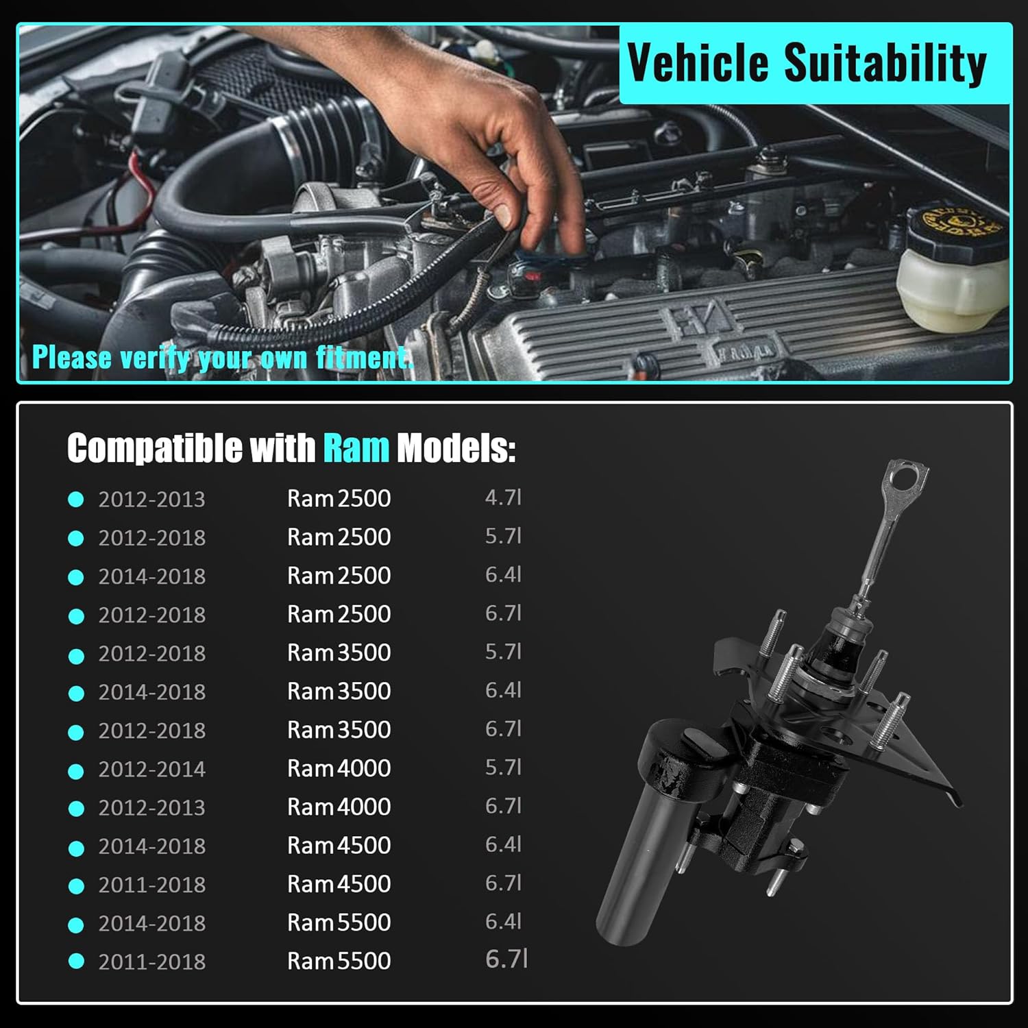 Hydraulic Power Brake Booster 52-7416 Compatible with Ram 2500 3500 4500 5500 2011-2018 6.7L L6 5.7L V8 6.4L V8 52013874AC 68144663AA