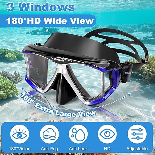 Miniatura 2 de Equipo de esnórquel para adultos, máscara de esnórquel antivaho de 4 ventanas y juego de esnórquel con parte superior seca, juego de esnórquel para
