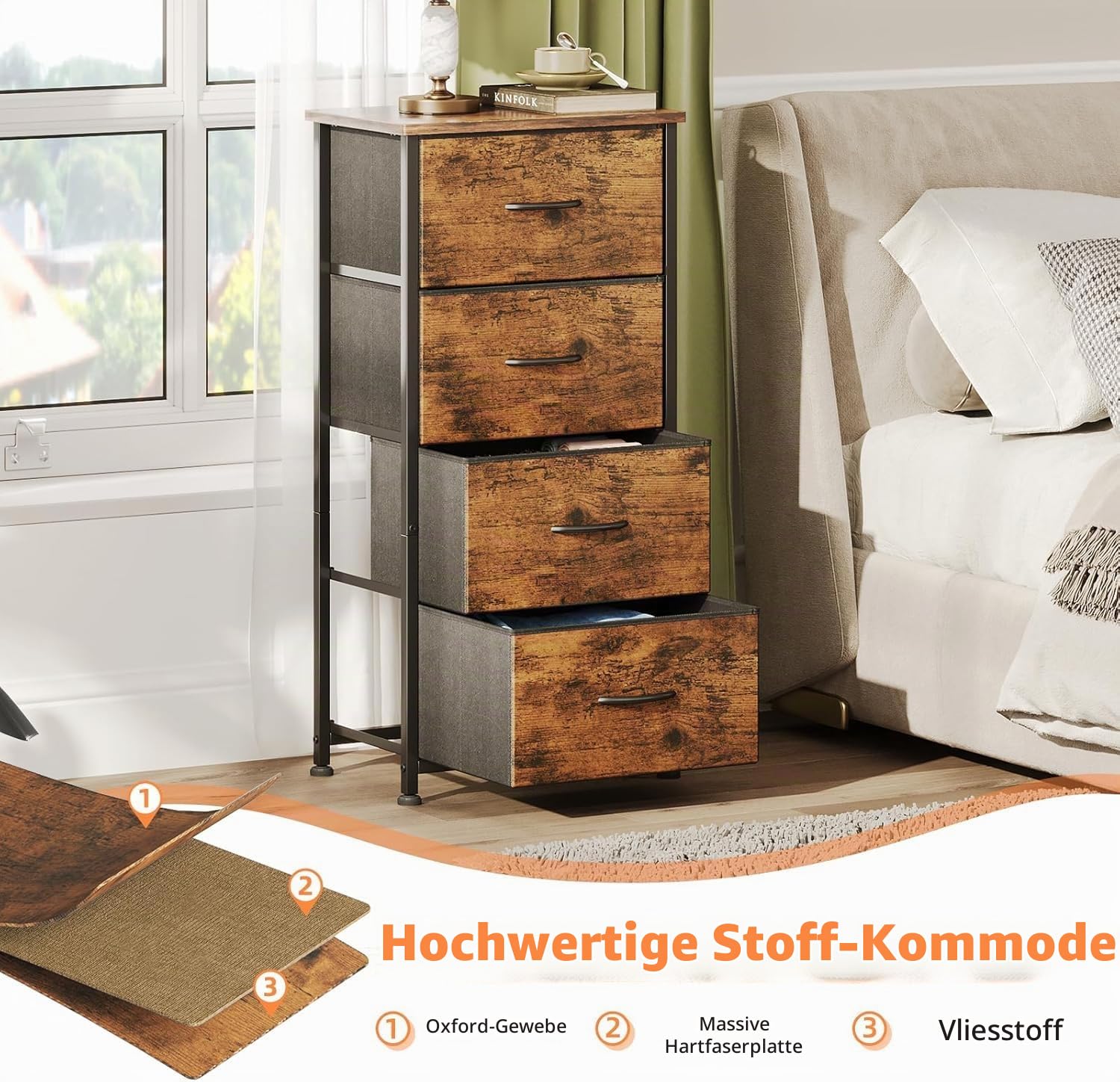 CAIYUN Kommode Schmal, Aufbewahrungsschrank mit 4 Stoff-Schubladen, Metallrahmen, Hoch und Schmale Holztop Schubladenschrank Möbel für Schlafzimmer/Flur/Kinderzimmer, Kleine Kommode, Rustikal Braun Küche, Haushalt & Wohnen