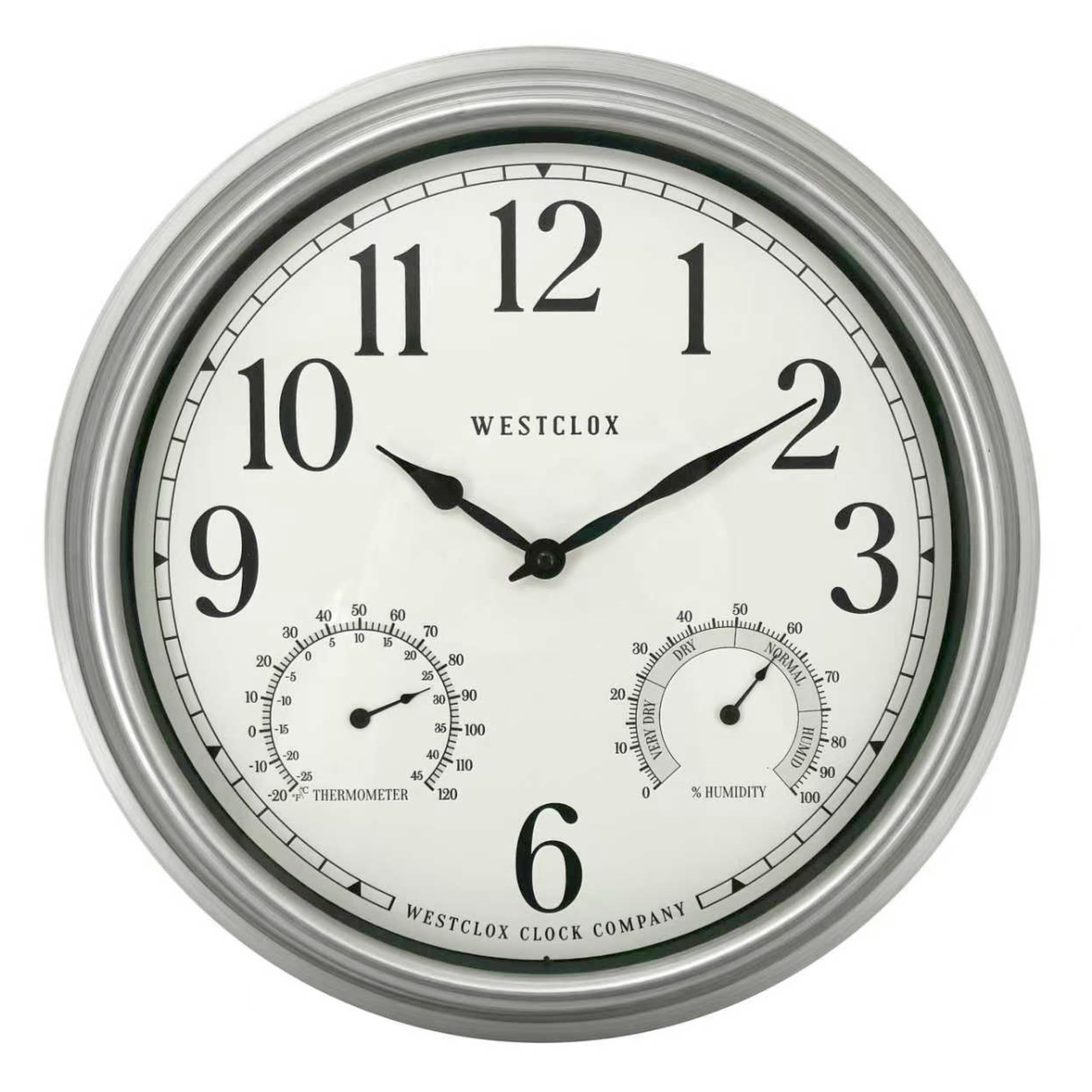 Westclox 15.75” Outdoor Wall Clock with Temperature & Humidity Display, Weather Resistant, Silver Finish, Glass Lens, Battery Operated