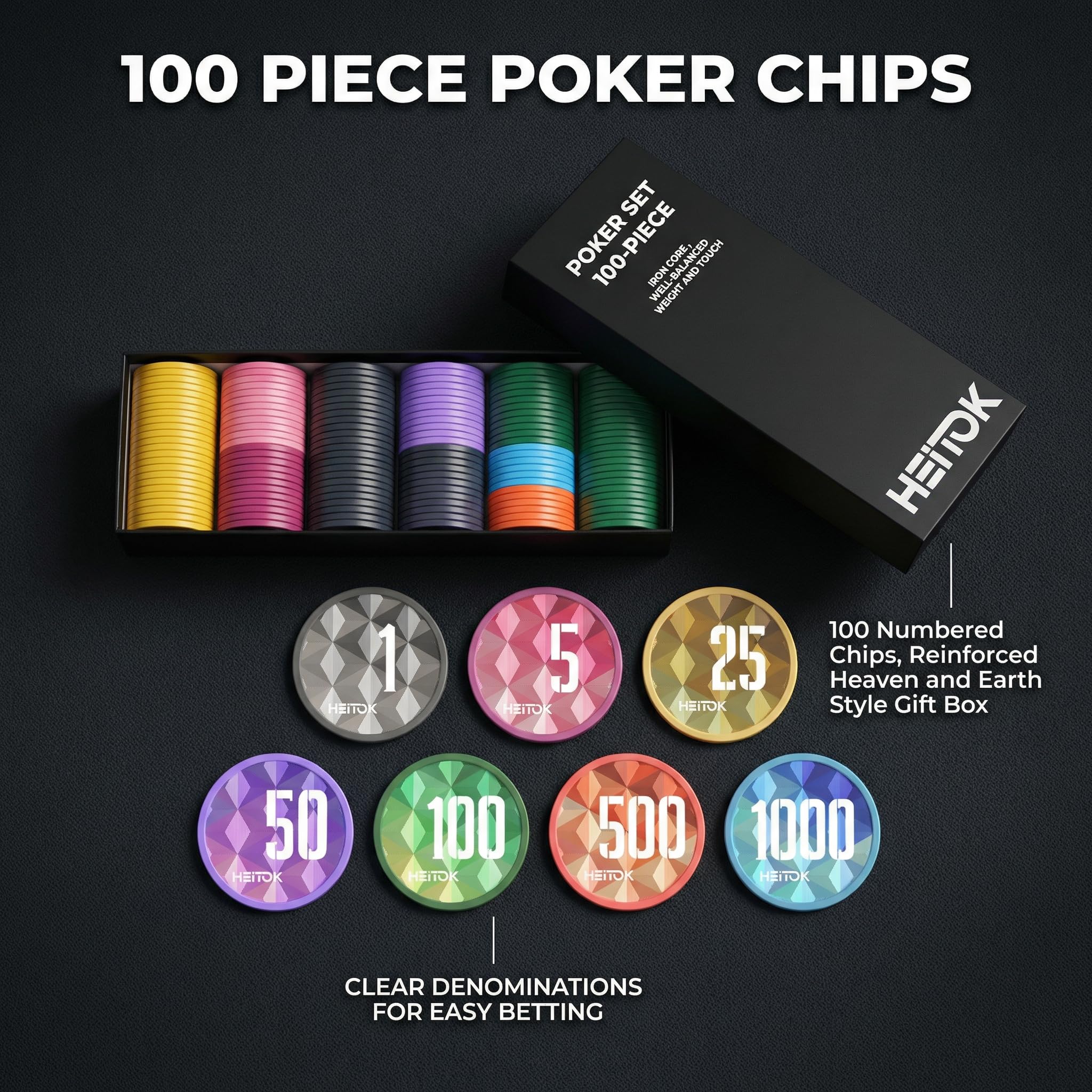 HEITOK Zestaw Pokerowy 100 Żetonów 11,5g Texas Holdem Walizka