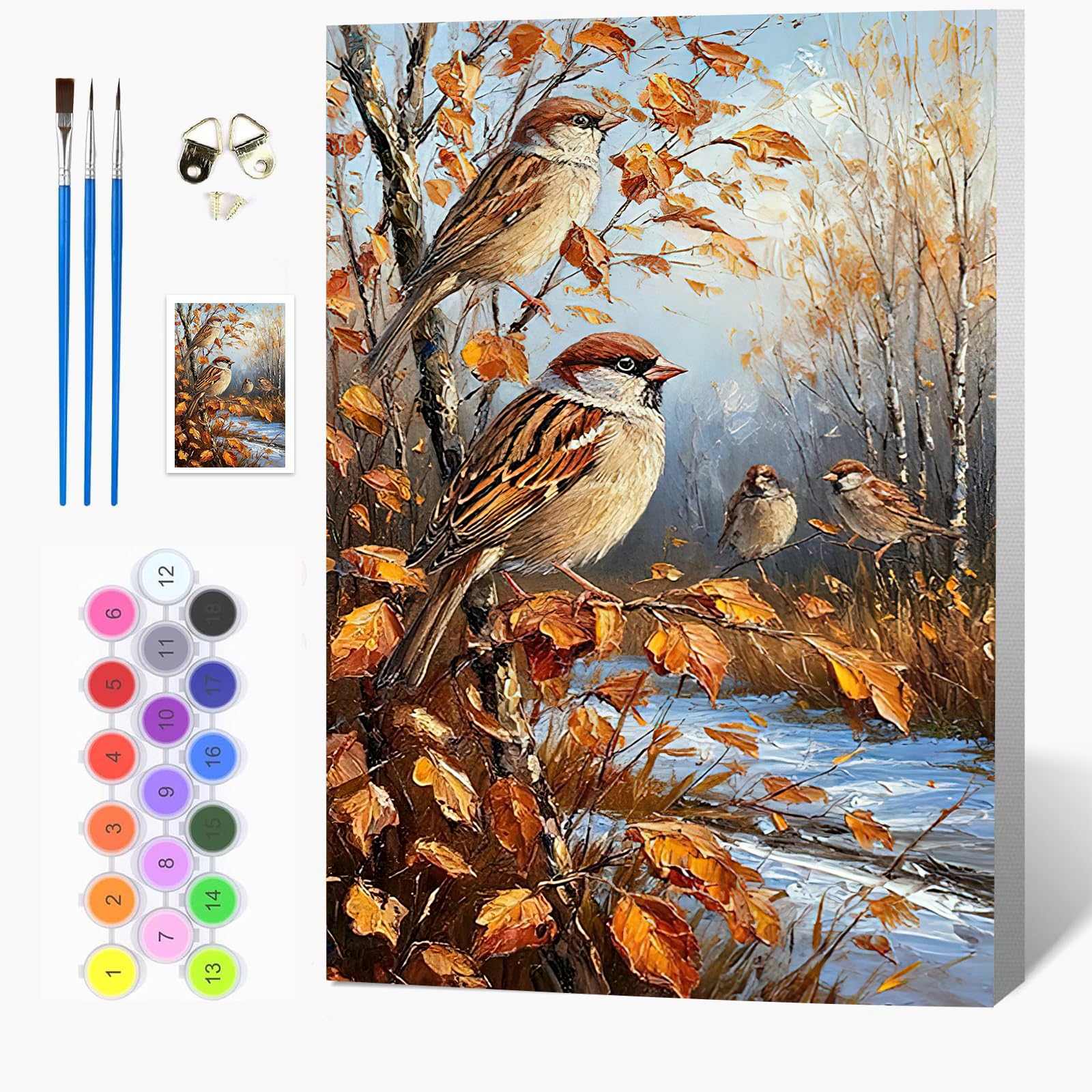 Auremi DIY Fall Paint by Numbers for Adults Kids-Birds Canvas Oil Painting Kit for Adults,Craft Art Painting with Wooden Frame Kit Acrylic Pigment Drawing Paintwork for Gift Home 20x30cm