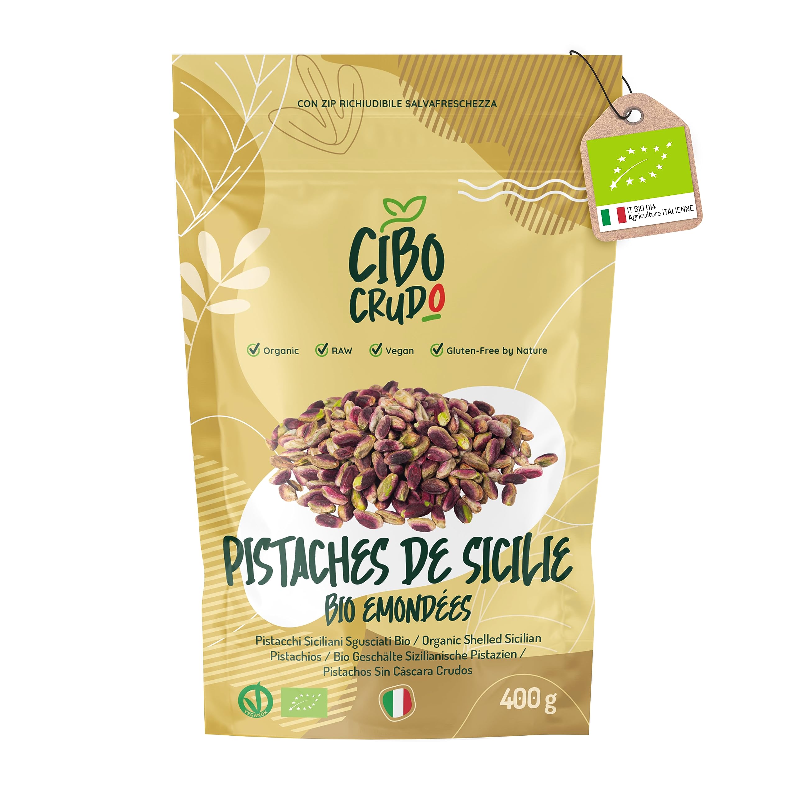Bio Pistache non Salée Décortiquées - 400g. Pistaches Italiennes de Sicilenon non Grillées. Source d'Acides Gras Fibres Vitamine et Antioxydants.