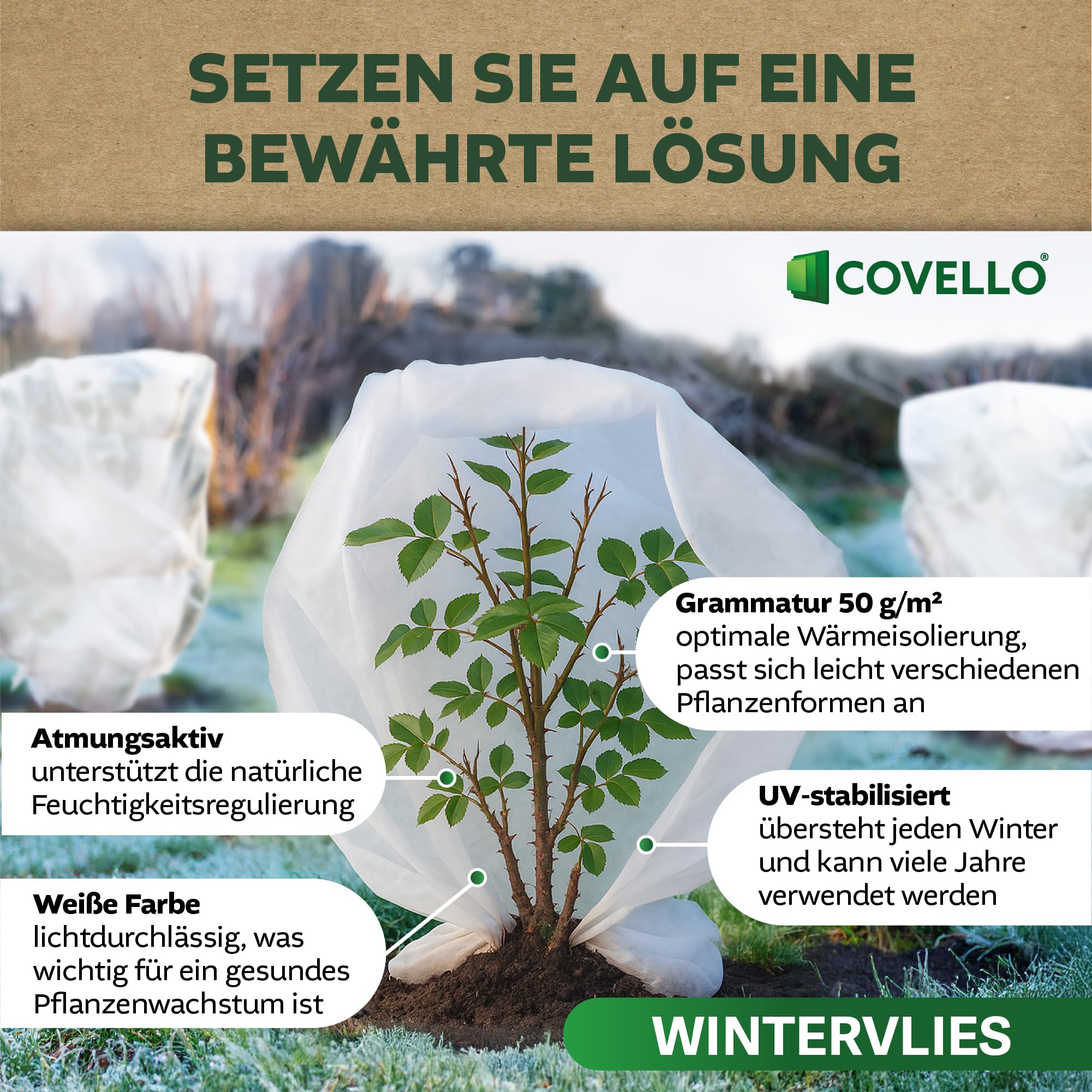 Covello Voile d'Hivernage pour Plantes 50g/m² Protection UV Respirante 25m x 1,6m 40m²