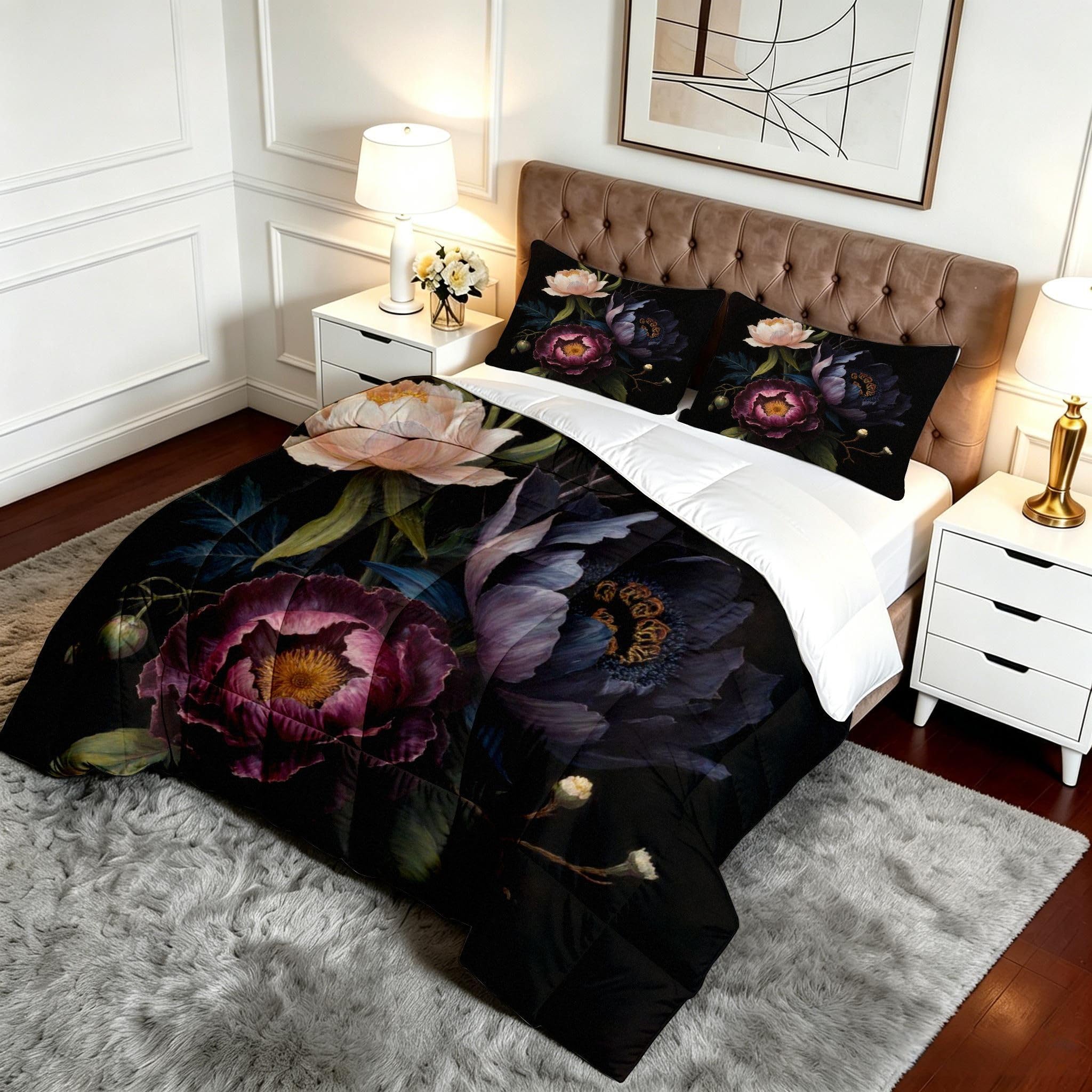 Piumone 150x200cm Fiore Nero Set 3 Pezzi Microfibra per Adulti-A220