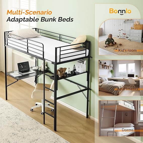 Bonnlo Loft Bunk Bed with Desk, Non-Slip Straight Ladder Single Loft Bed with Outlet and LED Light Strip, Multifunctional Metal Bed Frame Raised for Kids, Teens and Adults, Black
