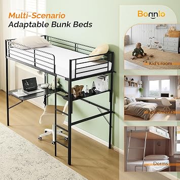 Bonnlo Loft Bunk Bed with Desk, Non-Slip Straight Ladder Single Loft Bed with Outlet and LED Light Strip, Multifunctional Metal Bed Frame Raised for Kids, Teens and Adults, Black