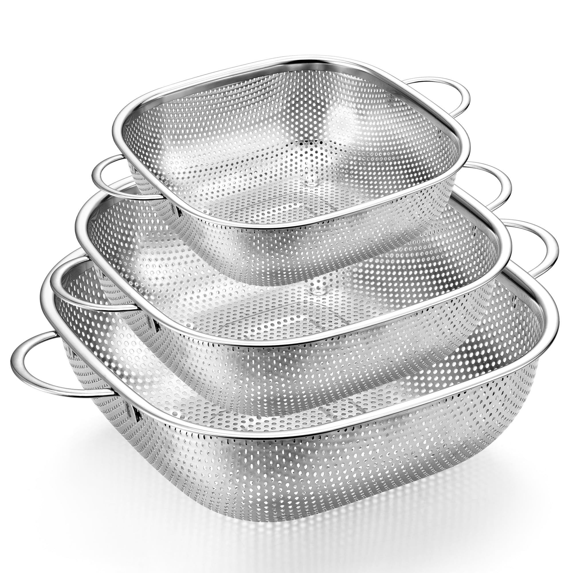 Herogo Zestaw sito 3-częściowy, sito kuchenne z nierdzewnej stali do makaronu z uchwytem, 20/24/28 cm, Mikro-perforowany kwadratowy cedzak do makaronu, owoców i warzyw, gładka krawędź i uniesiona