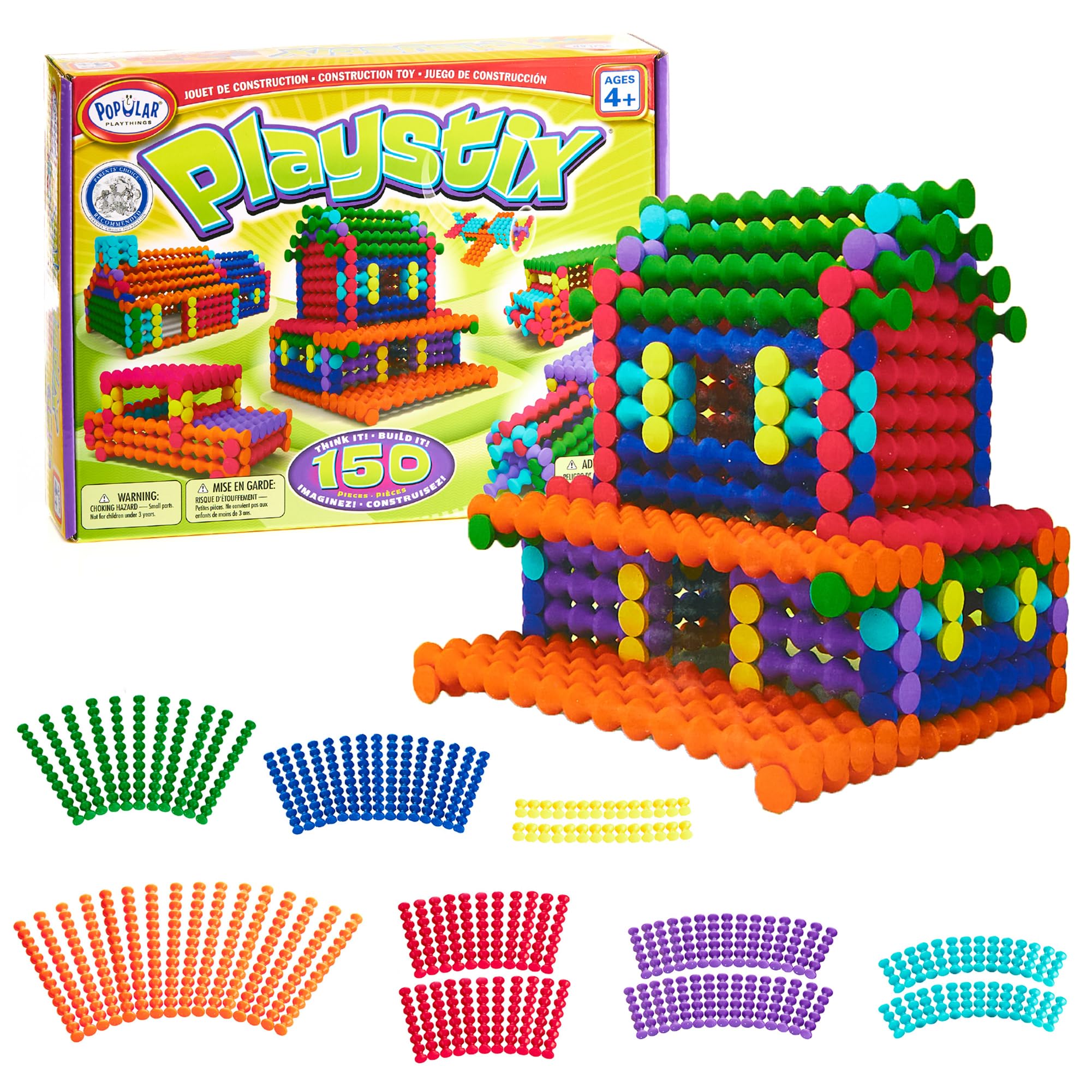 POPULAR PLAYTHINGS Playstix Construction Toy Set with Building Sticks for STEM and Classroom Use, for Kids Ages 4 and Up - 150 Piece Kit