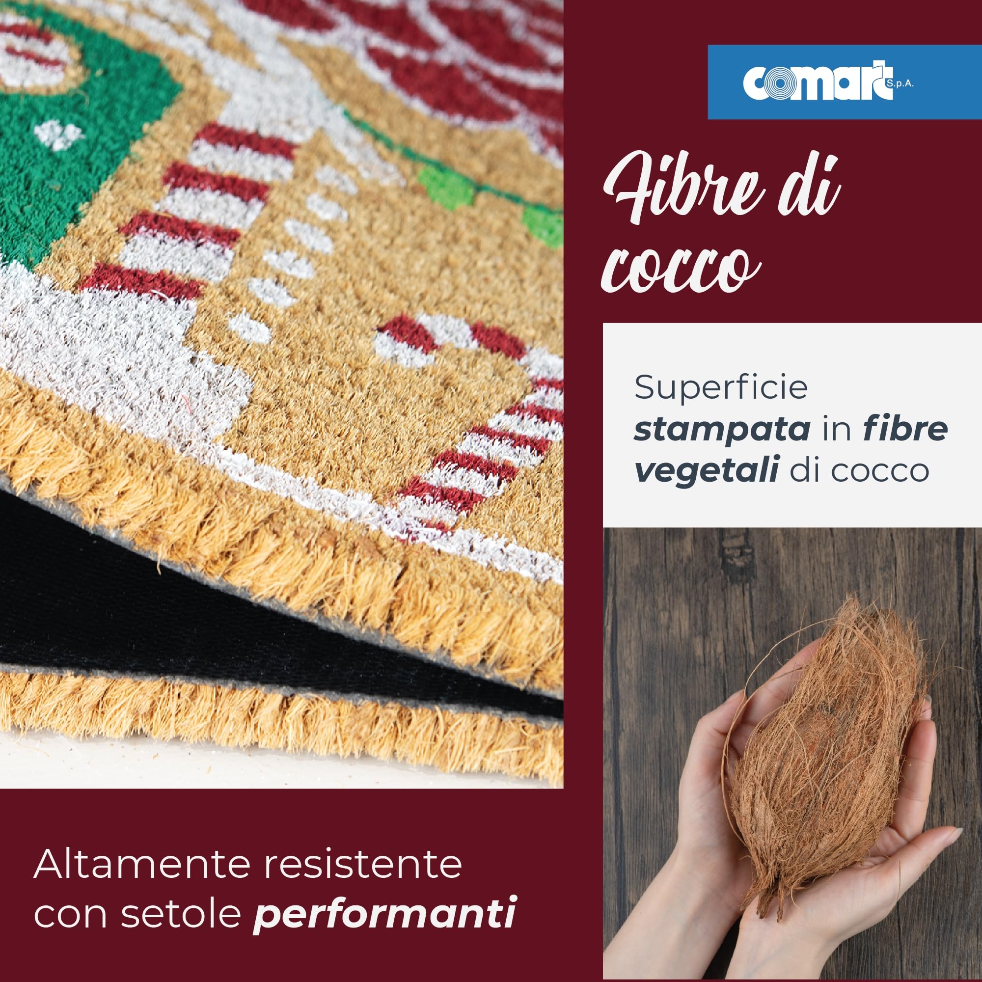 Comart - Zerbino Christmas - 40x70 cm - in Cocco - Sagomato con Disegni Natalizi – Tappeto per Ingresso Esterno o Interno - Antiscivolo - Decorazione per le Feste - Regalo per la Casa – Casetta Natale