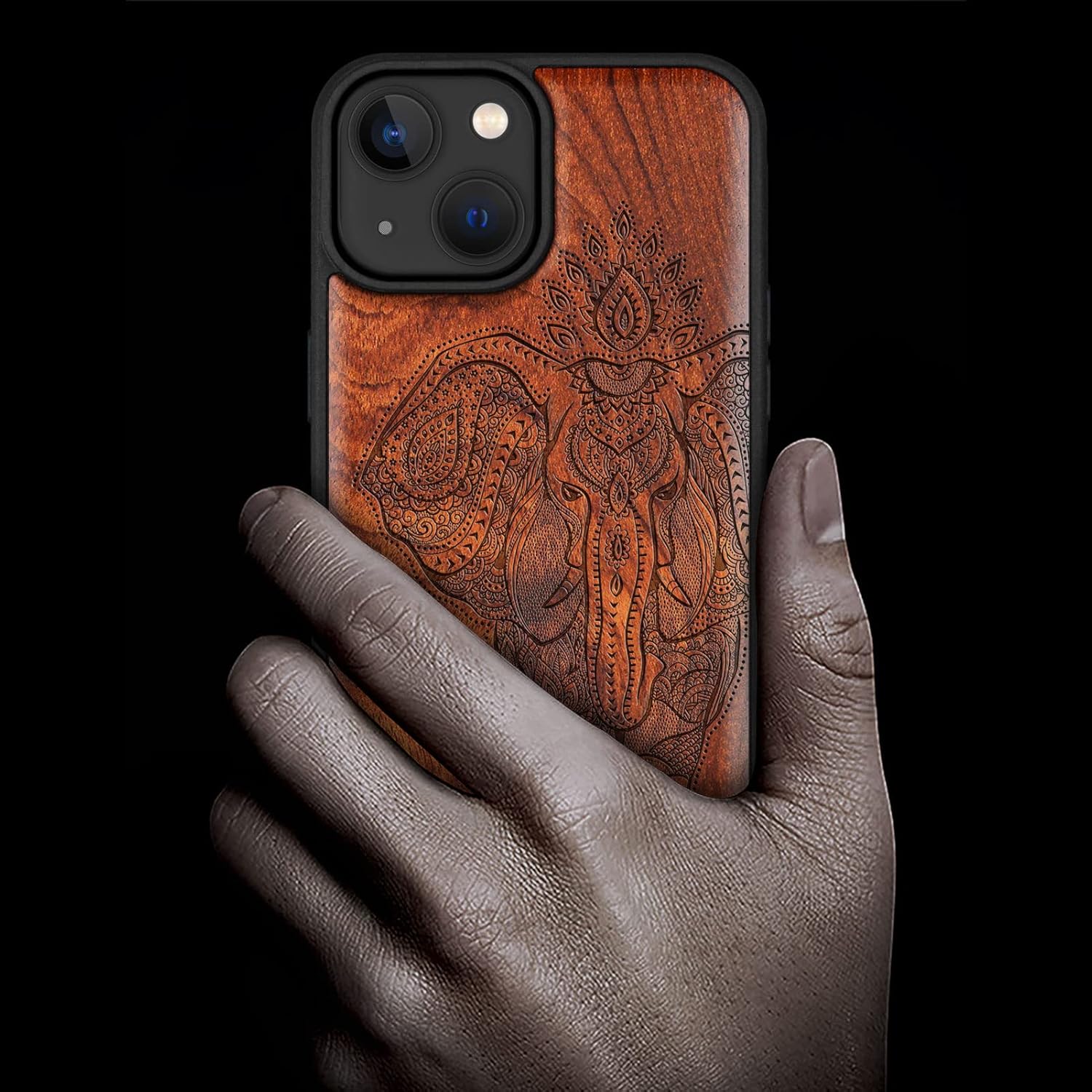 Carveit Magnetic Wood Case for iPhone 14 Case [Natural Wood & Black Soft TPU] Unique & Classy Wooden Shockproof Protective Cover Compatible with magsafe (Indian Lotus Elephant -Rosy)