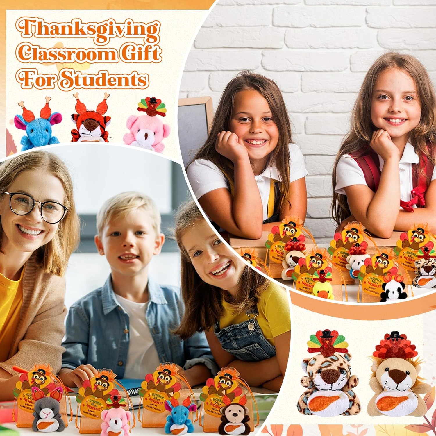 Soulchen 72 Pcs/24 Set Fall Thanksgiving Gifts Mini Stuffed Animals Friendsgiving for Students Autumn Turkey Small Plush Stuffed Toy & Turkey Card and Bags for Classroom Gift Thanksgiving Party Favors