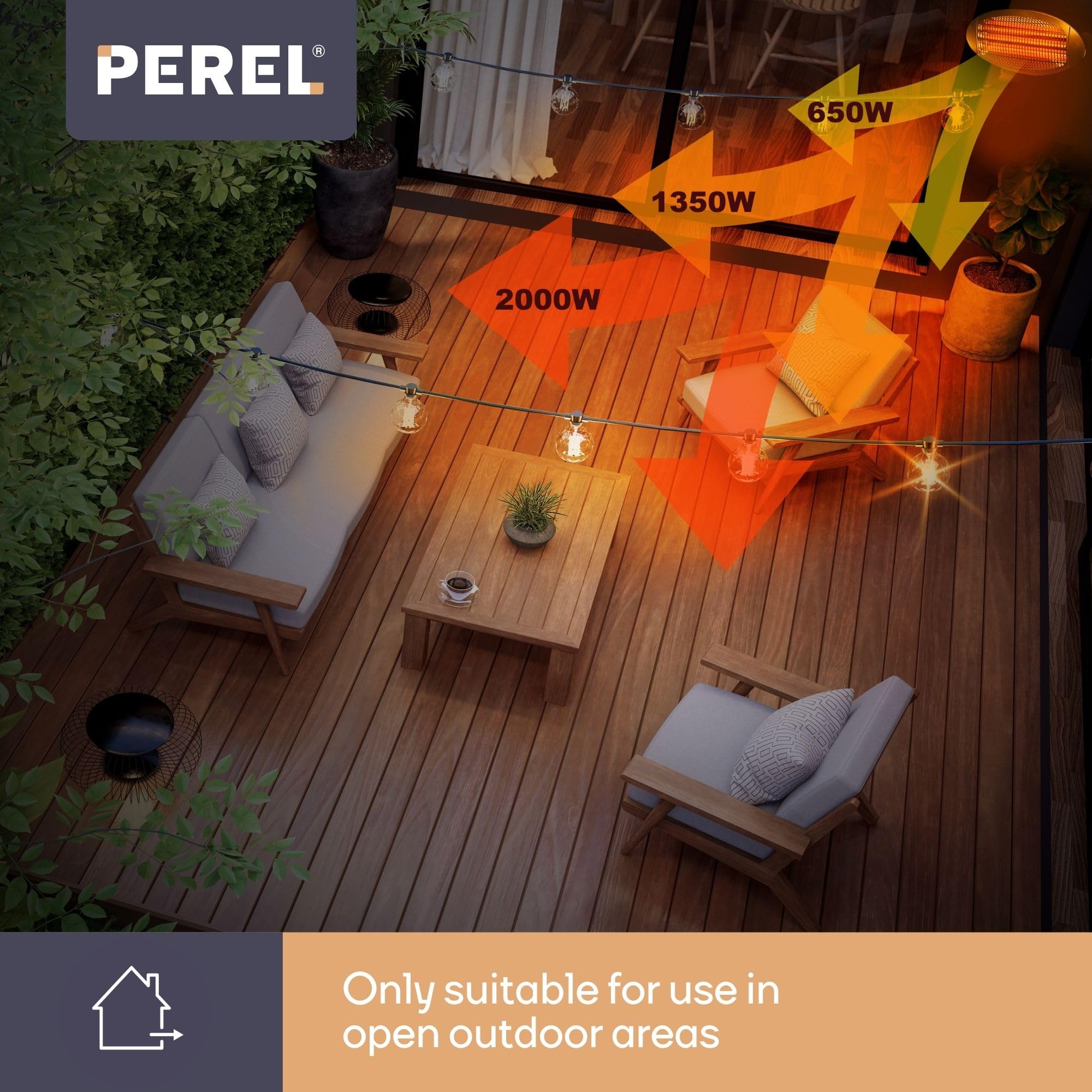 Perel Calefactor de terraza 2000W cuarzo, IP34 resistente al agua, montaje mural con cordón, 3 niveles de calor, inclinable 45°, calefactor exterior para terraza balcón porche jardín negro