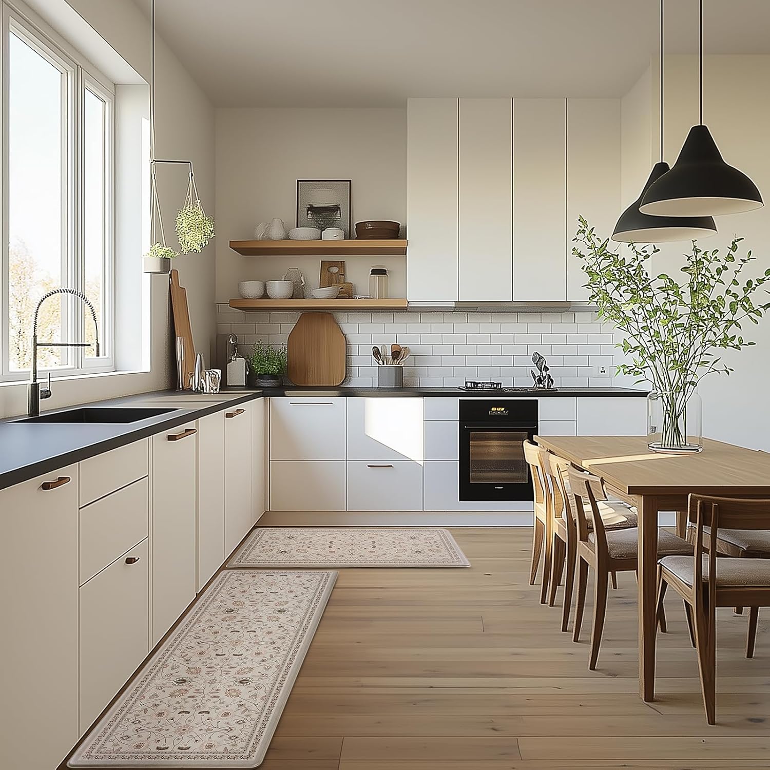 FRESHMINT Kitchen Mats for Floor 2 Piece Set, Waterproof & Non-Skid Vintage Floarl Kitchen Rugs, Cushioned Kitchen Floor Mat for Standing Washable Comfort Desk Kitchen Runners, 17x30''+17x47''