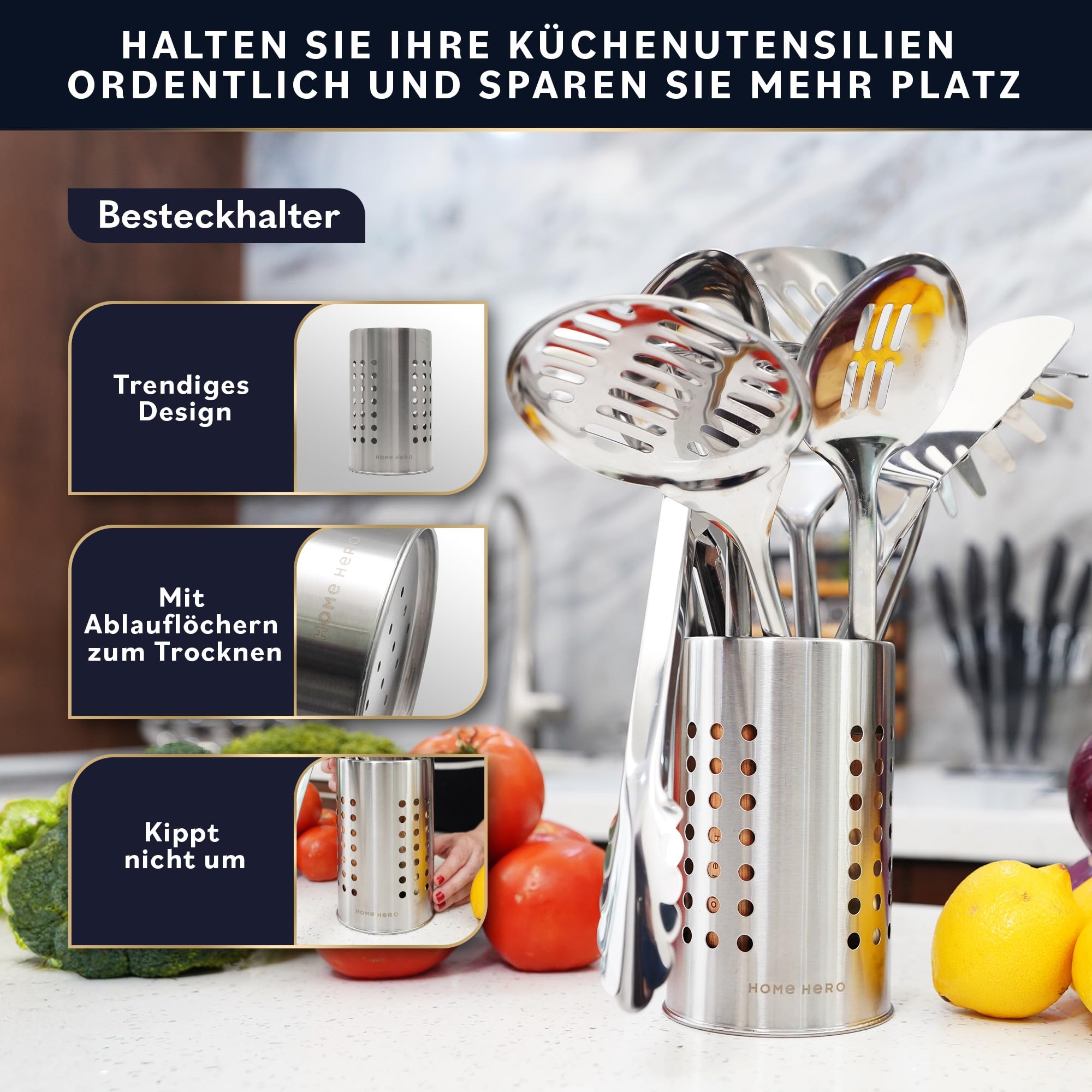 Home Hero Edelstahl-Küchenutensilien-Set - Antihaft-Edelstahl-Kochutensilien-Set - Hitzebeständige Küchenutensilien & Küchenhelfer aus Metall (10 tlg- Holz und Silbe)
