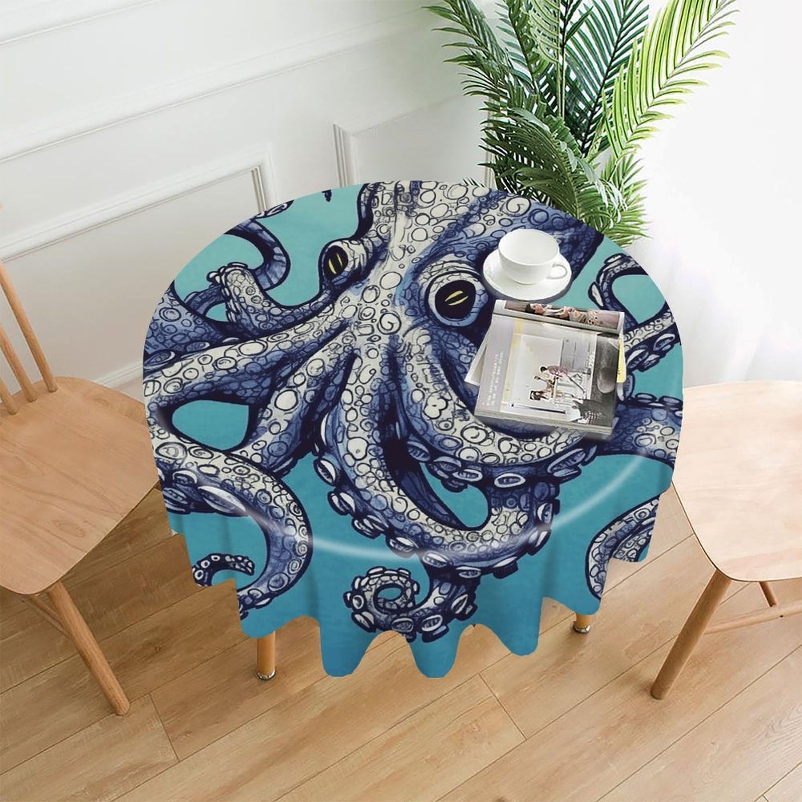 Octopus Design Tablecloth Exquisite Wrinkle-Free Straight-Edge Round Table Cloth Anti-Fading Premium Polyester Tablecloth Waterproof Folding Table Cloths for Tables Decor