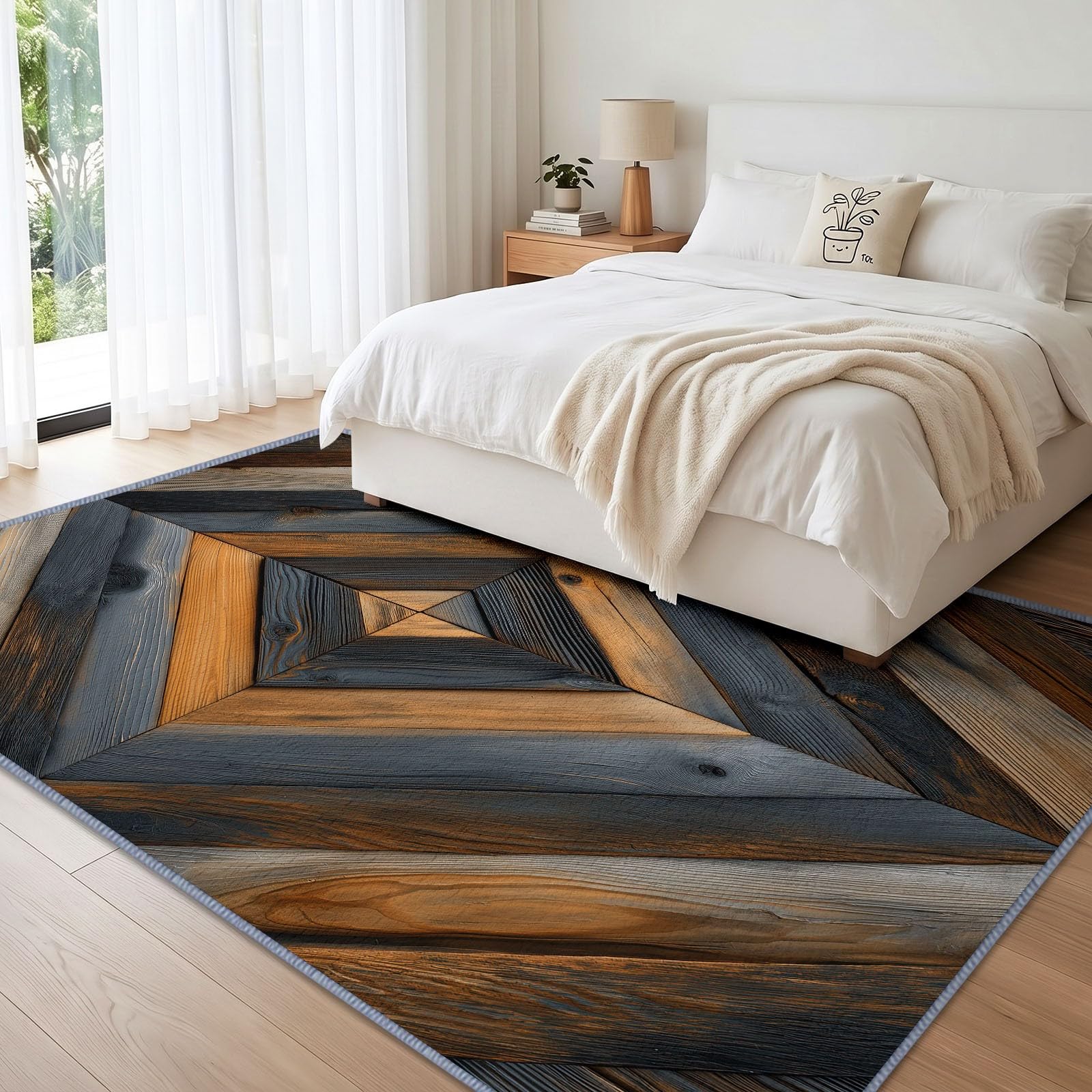 Tapis Salon Rustique Naturel Lavable 120 x 170 cm, Tapis à Poils Courts Motif Veinage du Bois Losanges Géométriques Antidérapant Doux Idéal pour Salle À Manger Chambre d'enfant Bureau