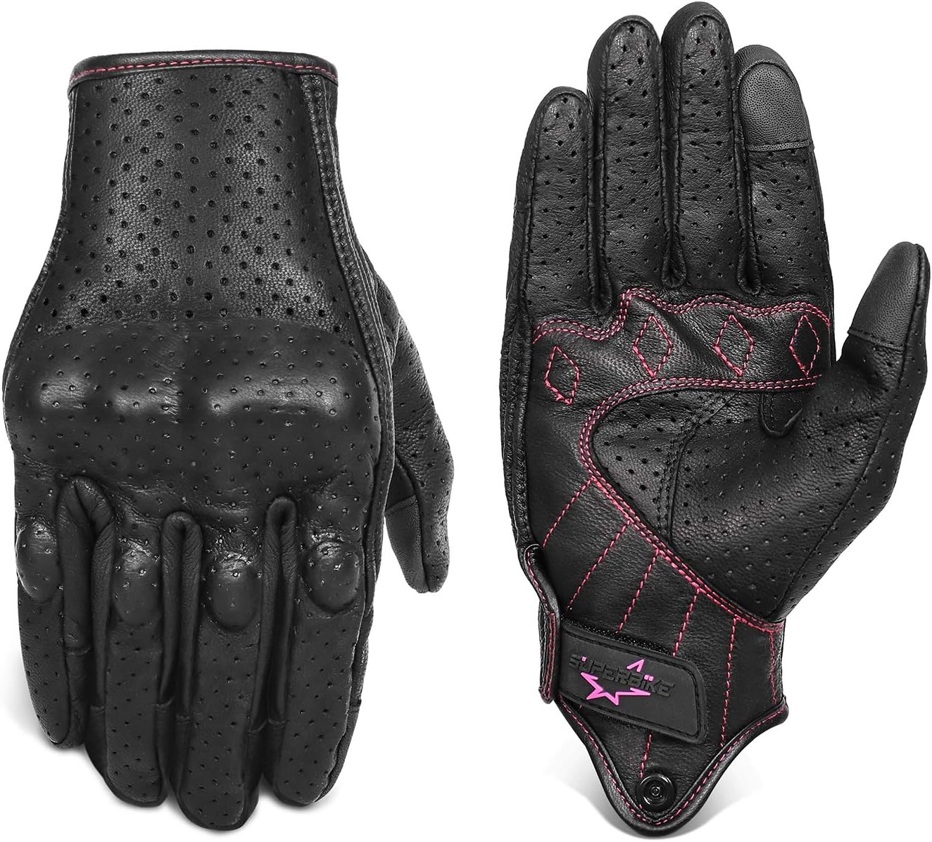 Women ’s Goatskin Leather Motorcycle Gloves Touchscreen Hard Knuckle Armored Motorbike Gloves for Ladies(G01W-Black Leather with Rose Line, S)