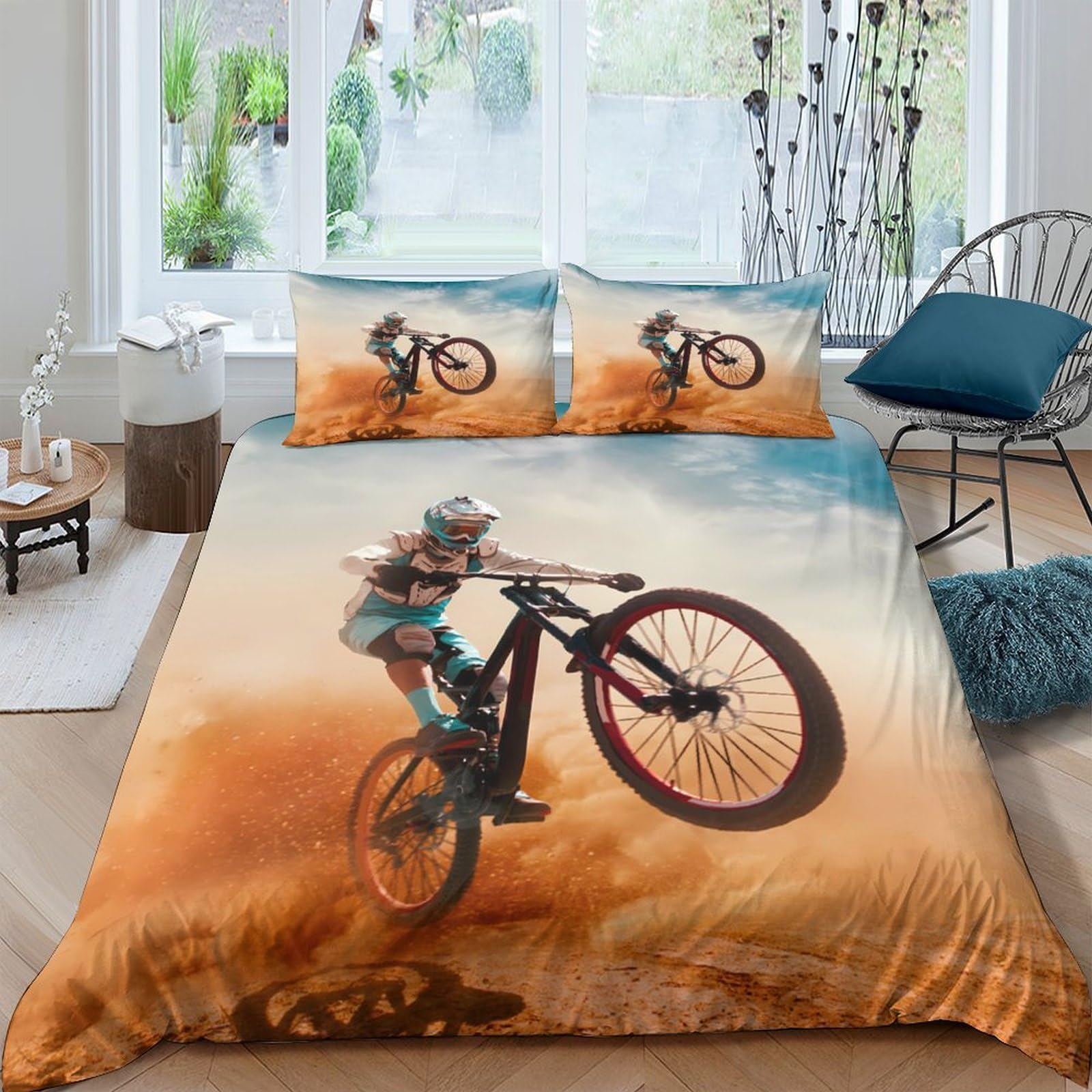 GPLZQXKJNH 3D Printed Mountain Bike Duvet Cover Microfiber Soft Breathable Sunset Cycling Bedding Set with 2 Pillowcases for Bedroom Decor, Single（135x200cm）