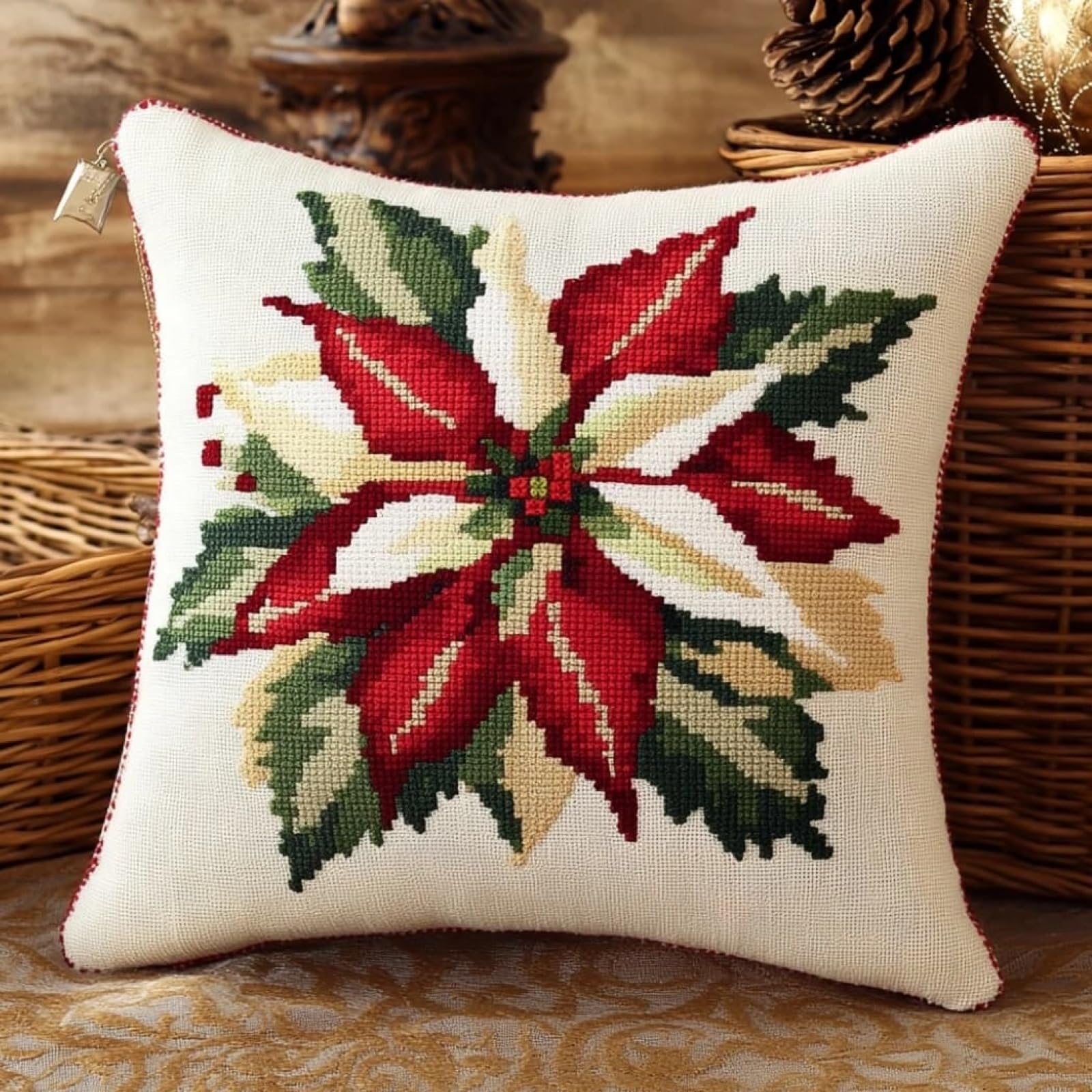 WallustrioaW 11CT Cross Stitch Pillow Kit,Christmas Poinsettia Flowers Cushion Embroidery Kit Cross Stitch Cushion Cover pre Printed Handmade Cover 18x18in