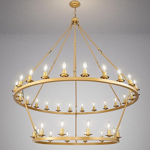 Miniatura 22 de Lámpara de araña de 60 pulgadas dorada, lámpara de rueda de vagón con pantalla de vidrio, lámpara colgante de techo alto de 20 luces redonda grande