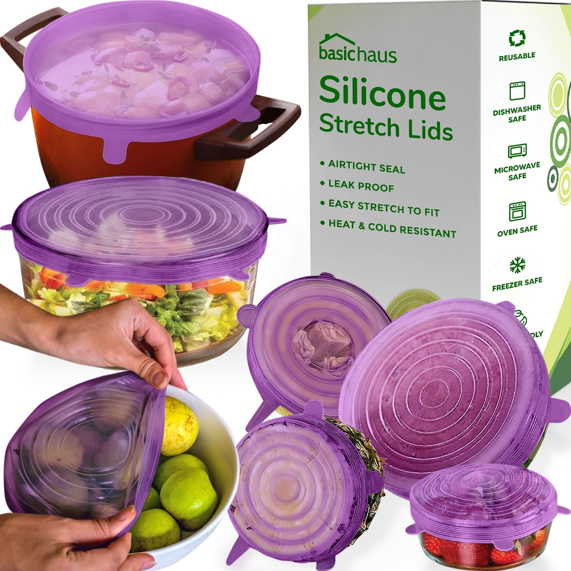Reusable Silicone Stretch Lids for Food Storage in Fridge - Elastic Heat-Resistant Bowl Covers, Cups, Cans, Jars - Universal Food Grade Lid for Containers - 7 Pack - Purple Stretchy Lid Set