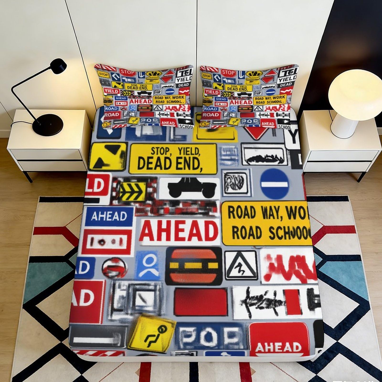 Pnayamiorkfel Style-4 3D Printed Traffic Signs Fitted Sheet Microfiber Soft Breathable Road Symbols Bed Cover For Bedroom Dorm Mattress Protection Decor 90X200x25cm