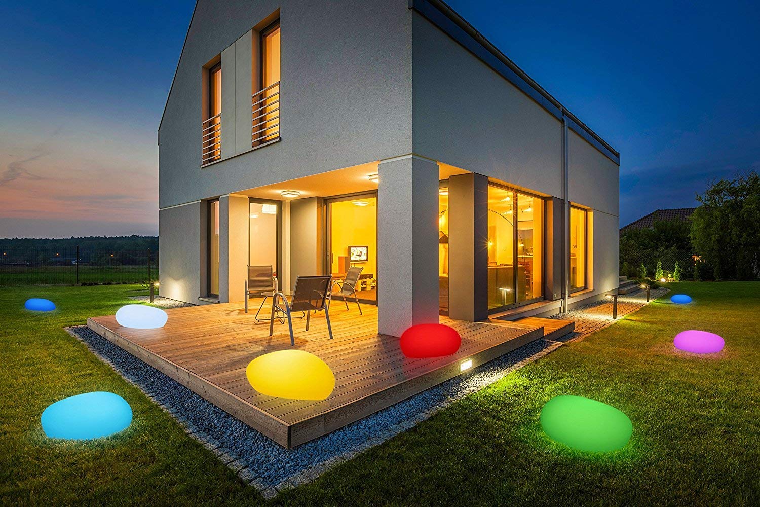 Deko-Stein mit LED Beleuchtung | kabellos | 8 Farben möglich | Solar | Kieselstein-Form | wasserdicht | Solar-Gartenleuchte (50 cm)