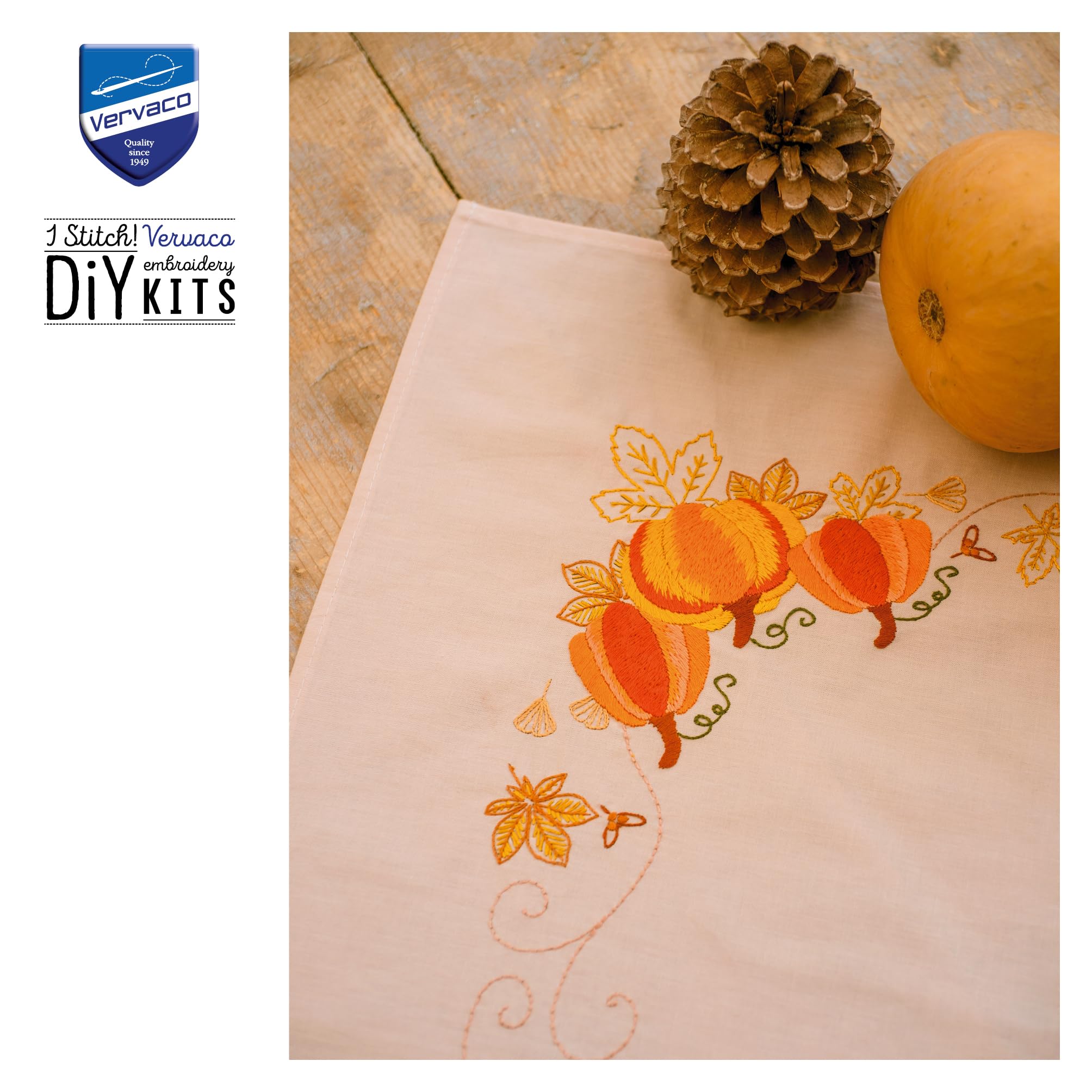 Tischdecke Plattstich Stickpackung Herbstkürbisse, Stickbild gedruckt, 72x72cm