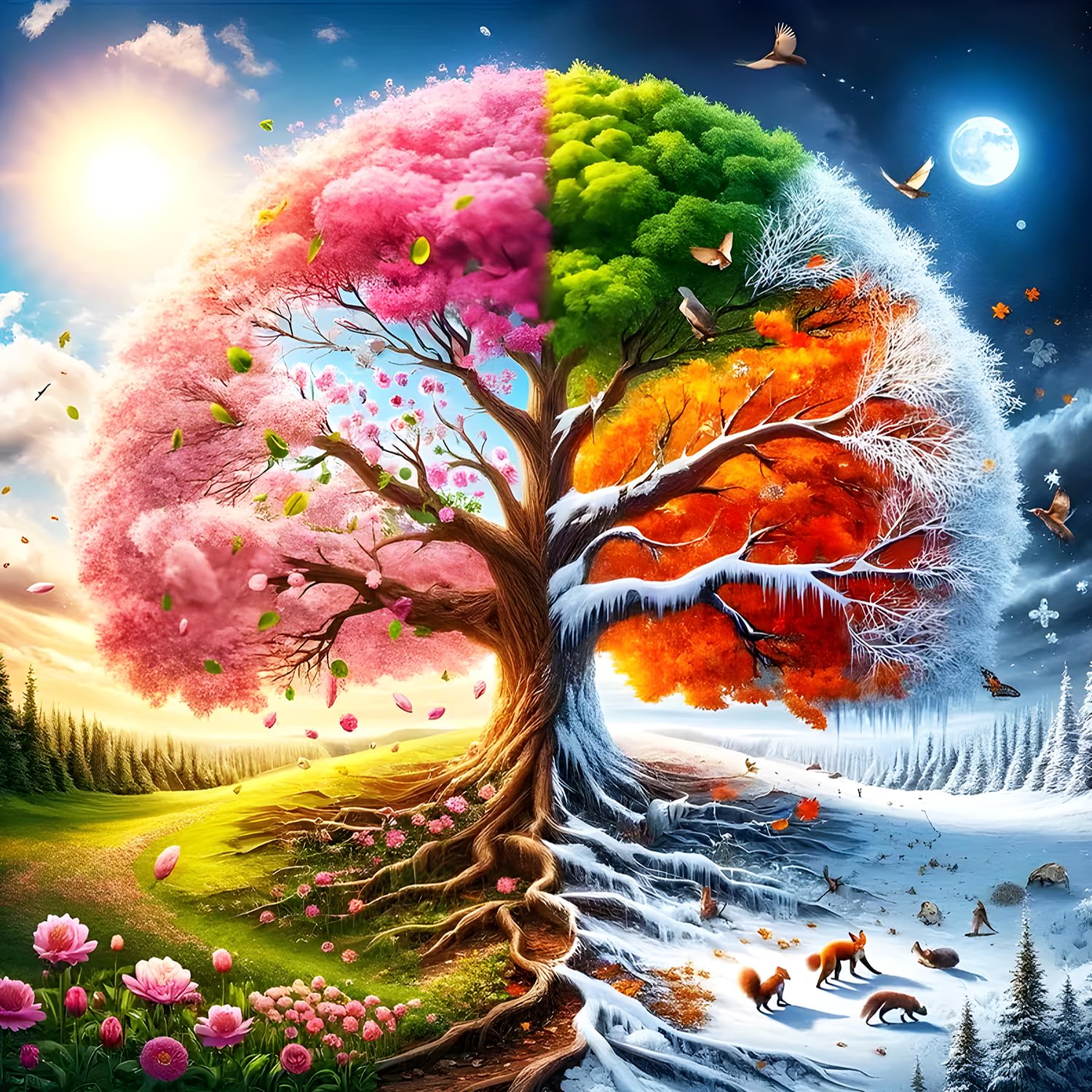 DPHERO Tree of Life Diamond Painting Kits for Beginners Adults,5D DIY Four Seasons Diamond Art Kits,Round Full Drill Sun and Moon Gem Art Crafts,DIY Painting by Numbers for Home Wall Decor 12x12 inch