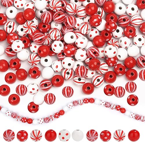 180 cuentas de madera de bastón de caramelo de 0.63 pulgadas (0.630 in), cuentas de madera redondas coloridas con agujeros, cuentas espaciadoras de