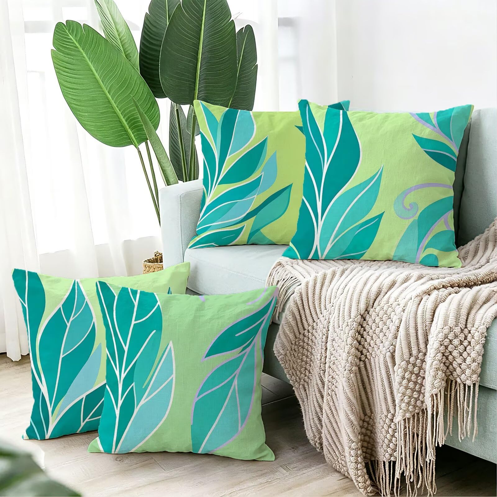 Blu Federe Cuscini Divano 65x65cm, Cuscini da Esterno Set de 4, Cod-129 | Lin Copricuscini Decorativi Letto Arredo, per Letto, Soggiorno, Giardino, Esterno, Casa Decorazione Set di 4 Foglie