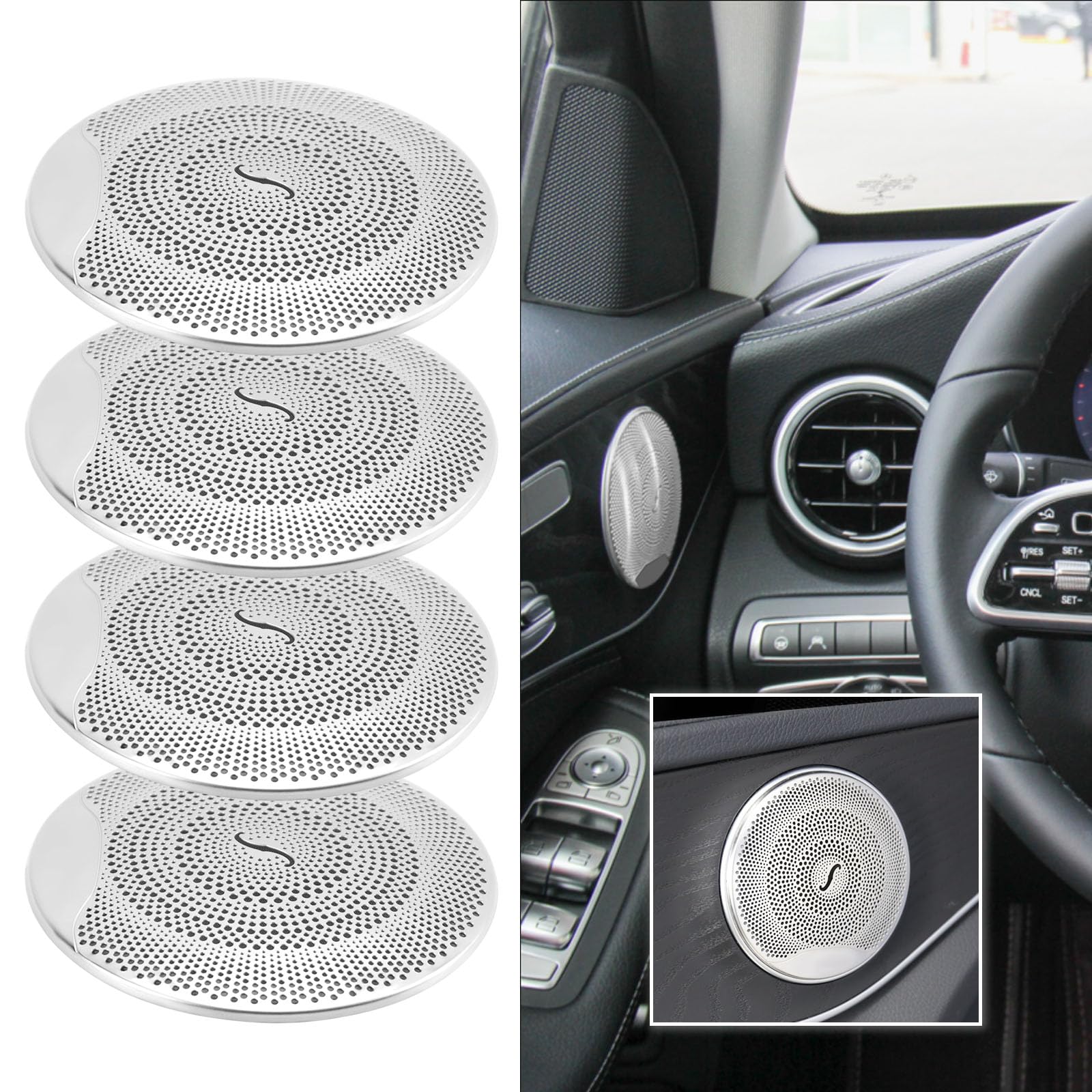 4 piezas de cubierta para altavoces de coche, cubierta para altavoces de puerta, carcasa para bocina, compatible con Mercedes-Benz Clase E/C/GLC W213 W205, accesorios para interior de coche (plata