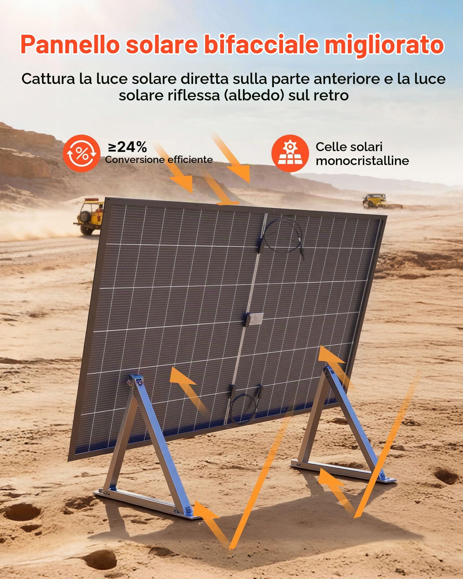 VEVOR Pannelli Solari Bifacciali 2 pezzi da 400 W, Modulo Fotovoltaico Monocristallino Tipo N da 16 BB Pannello Solare Impermeabile IP65 con Uscita MC4 Telaio in Alluminio per Auto, Barca, Camper