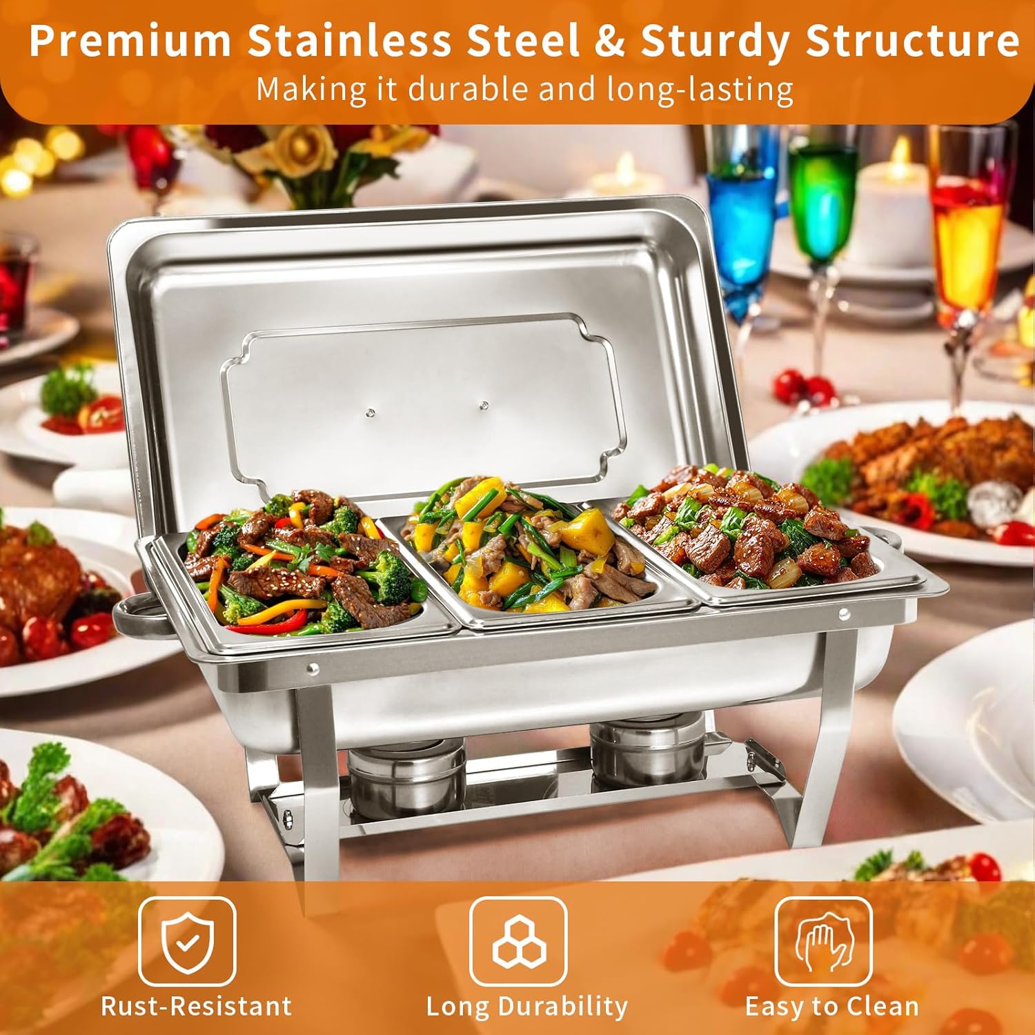 Chafing Dish Buffet Set, 8QT High Grade Chafing Dishes for Buffet, Chafers and Buffet Warmers Sets for Birthday, Wedding, Rolled-Edge Design with Silver, 4 Pack, 12 Pans