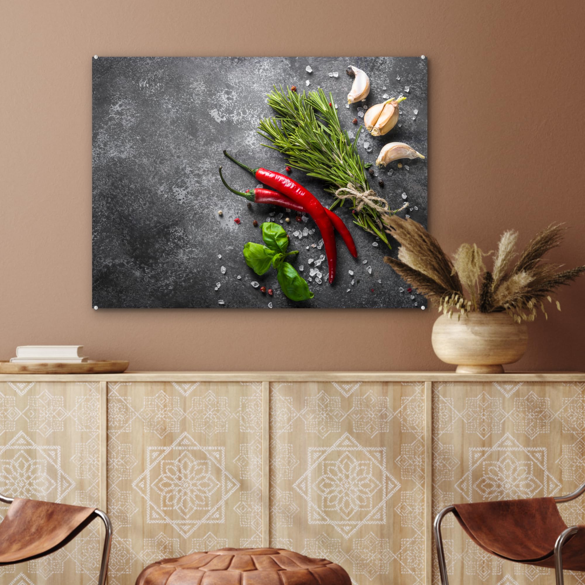 MuchoWow© Quadri Grande Formato 80x60 cm Mini Poster Parete Moderno Interno Stampa Foto Su Vetro Salotto Cornice Murale Arredamento Pepe - Spezie - Cemento - Erbe