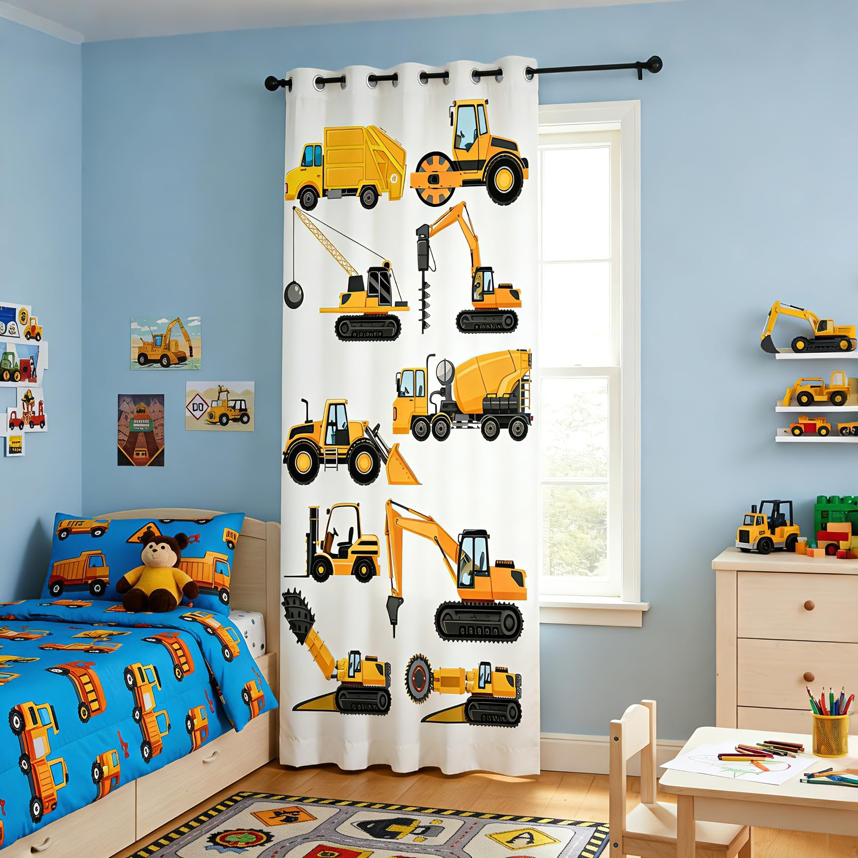 YONGFOTO Bagger Vorhang Kinderzimmer Baustelle Traktor Autos Lastwagen Bulldozer Verdunklungsvorhänge Jugendzimmer Junge mit Ösen 1 Stück 140 x 229 cm