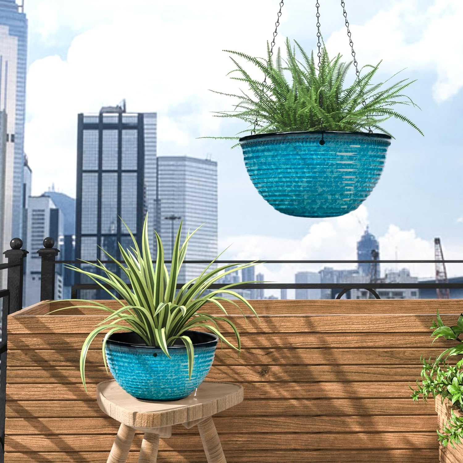 Vanslogreen 2 Pack Hanging Planters for Indoor Outdoor Plants, 10 Inch Hanging Planter with Drainage Hole & Plug Glazed Hanging Baskets Flower Pots for Garden Home (Snowflake Blue)