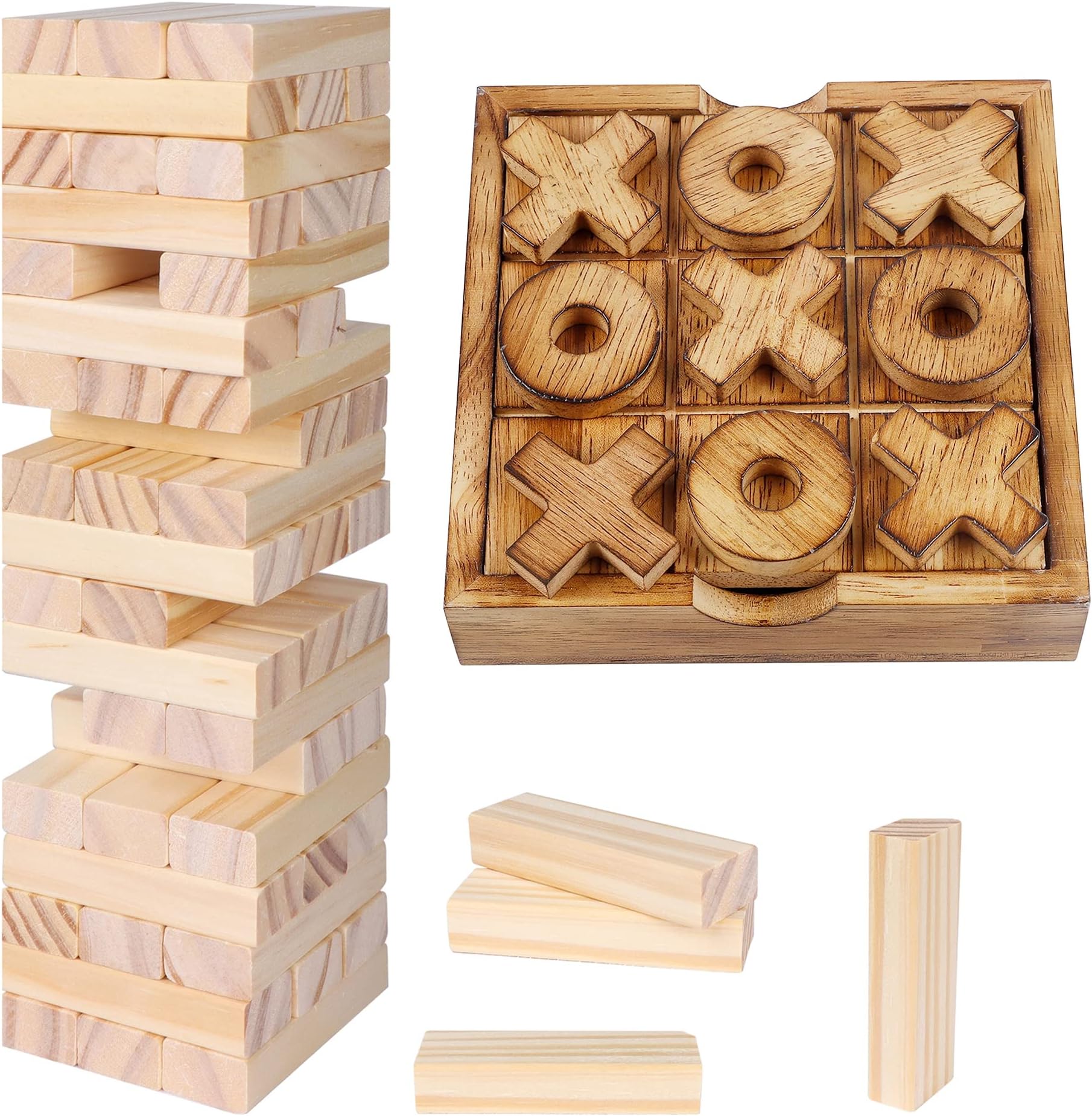 Tic Tac Toe & Tumble Tower Blocks Tables Game Set, Classic Wood Stacking Game & XOXO Board Games for Kids Family, Living Room Rustic Coffee Table Decor, Travel Strategy Board Games